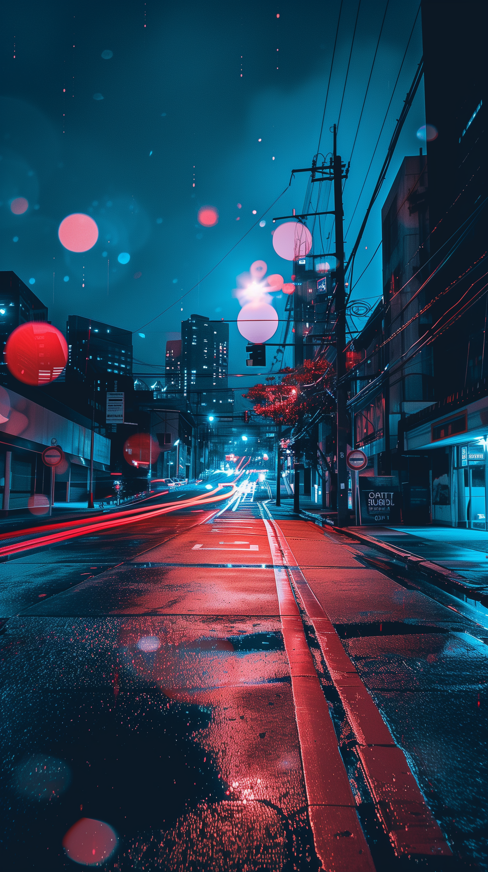 Phone wallpaper featuring a vibrant night view of a city street illuminated in blue and red tones with glowing orbs and streaks of light.