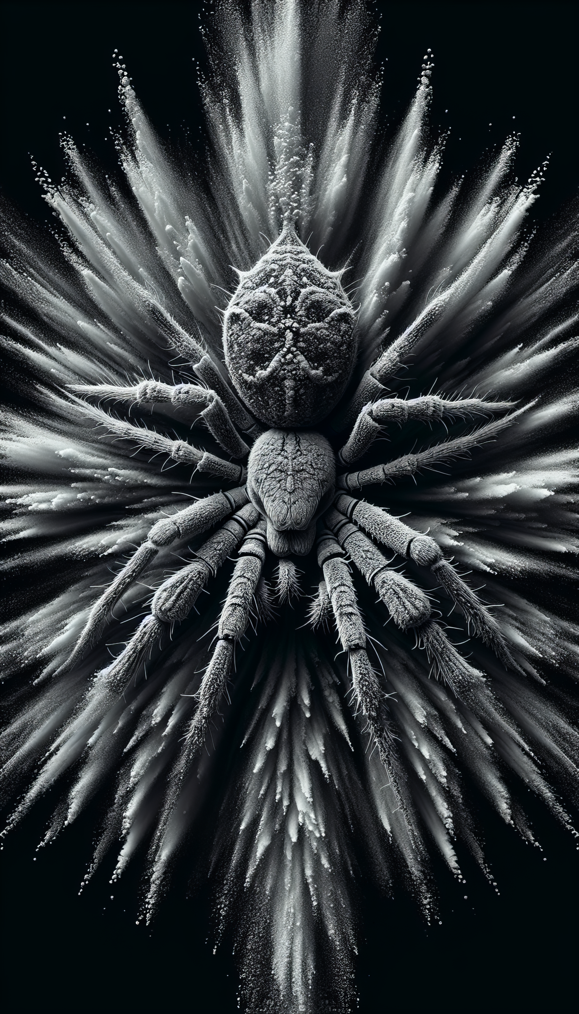 A striking black and white depiction of a black widow spider radiating outward, designed as a captivating phone wallpaper with dramatic visual impact.