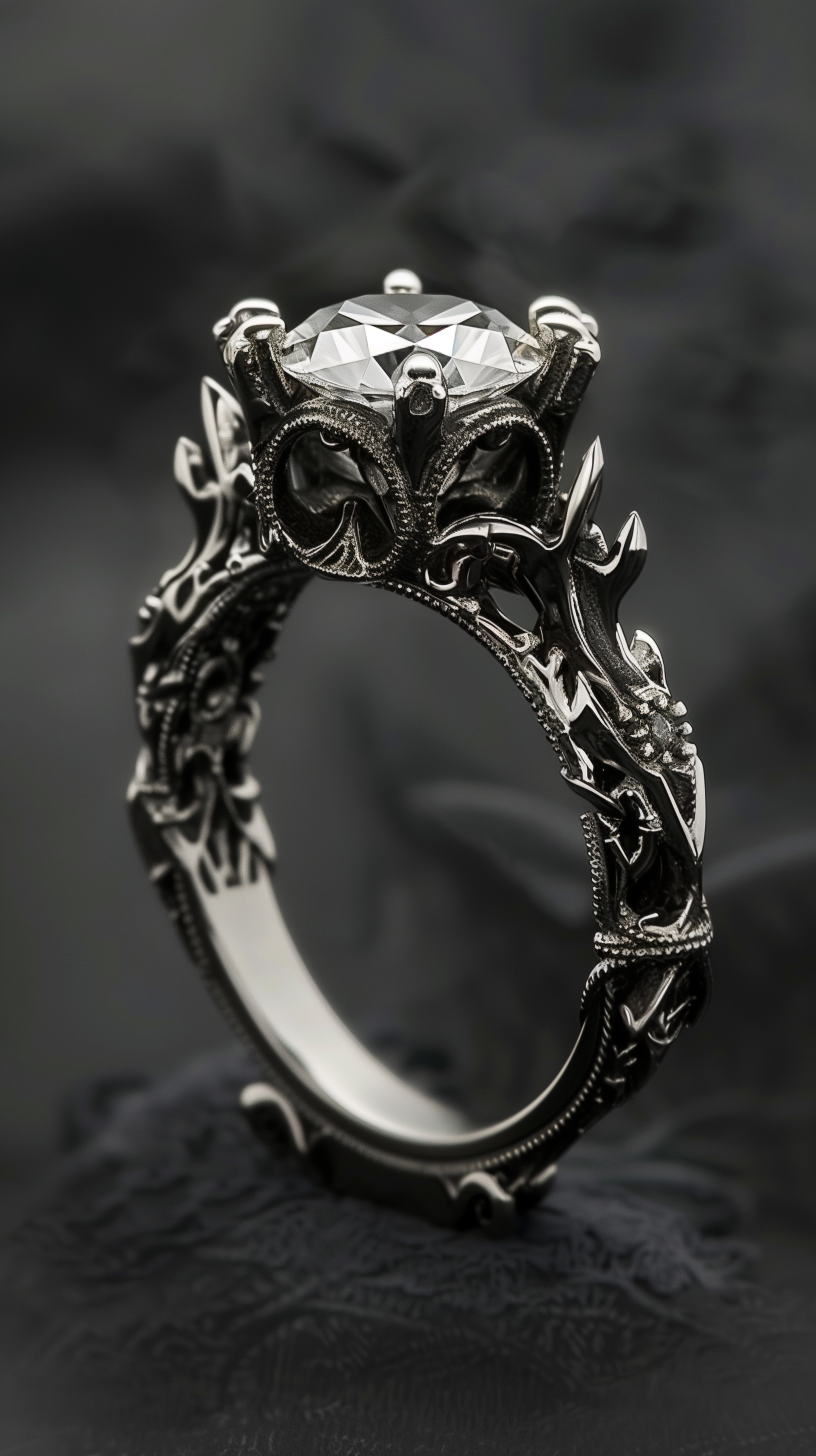 Elegant phone wallpaper featuring a detailed black diamond ring with intricate metalwork on a dark, textured background.