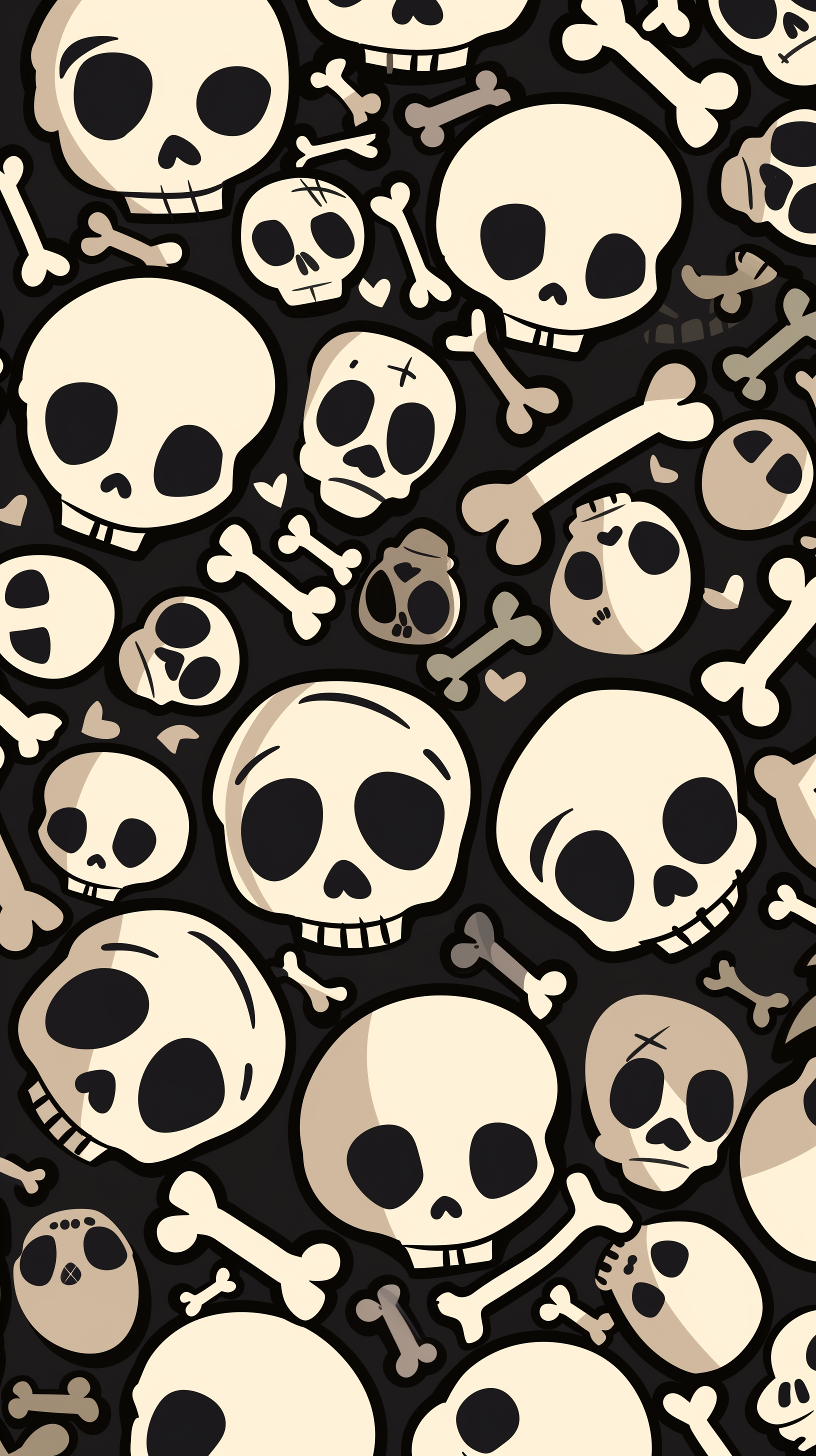 A phone wallpaper featuring a repeating pattern of various skulls and crossbones in shades of white and beige on a dark background.