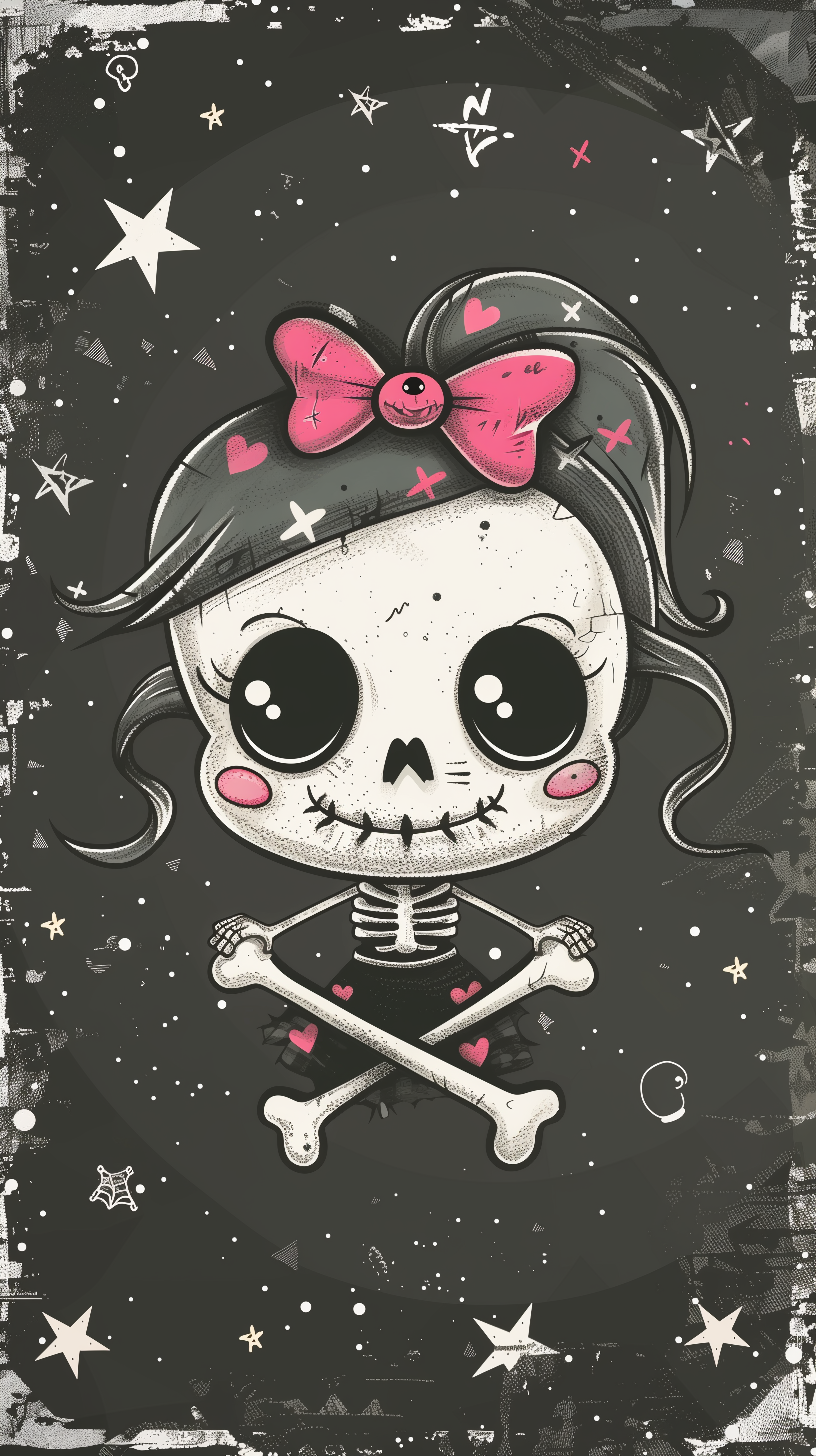 Phone wallpaper featuring a cartoon-style skull with a bow and crossbones, set against a starry, grunge black background.