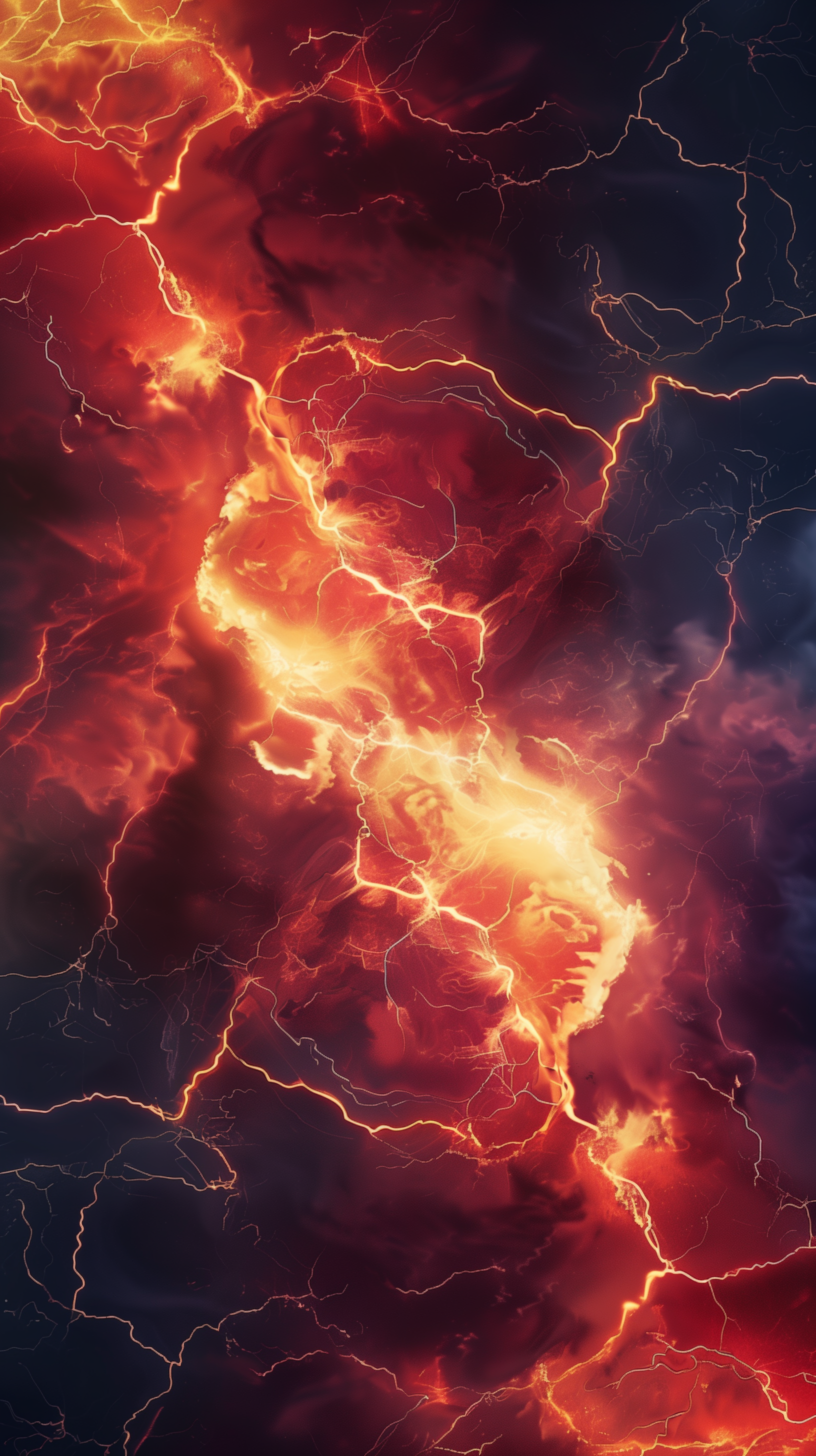Dynamic phone wallpaper featuring vibrant red and orange lightning bolts crackling against a dark, stormy background.