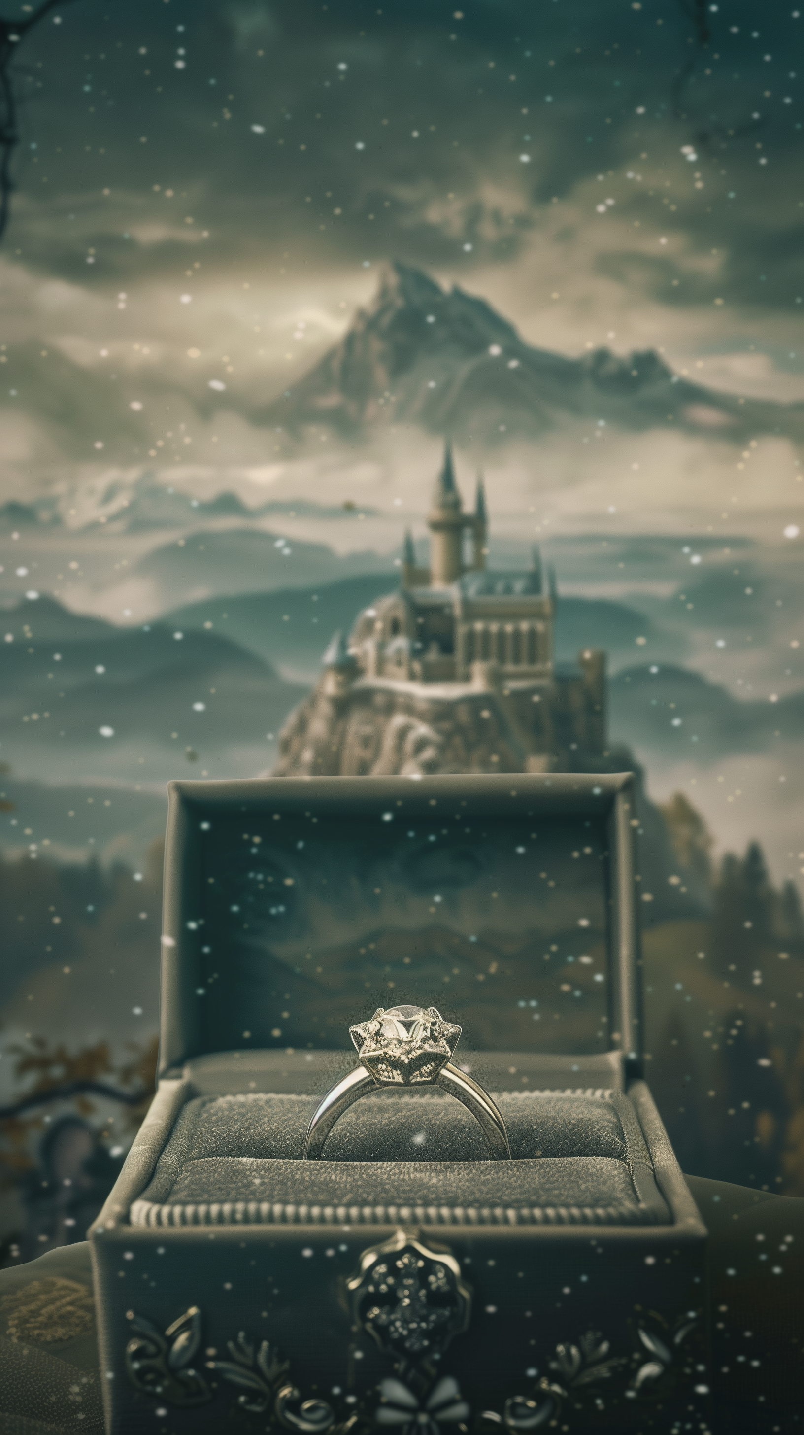 Phone wallpaper featuring a diamond ring in a box with a mystical mountain and castle backdrop.