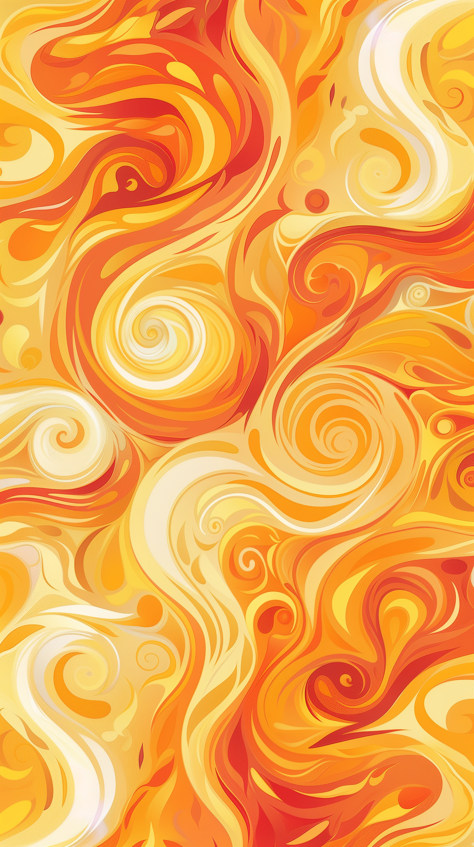 Vibrant orange and yellow swirls and spirals create an energetic phone wallpaper design.