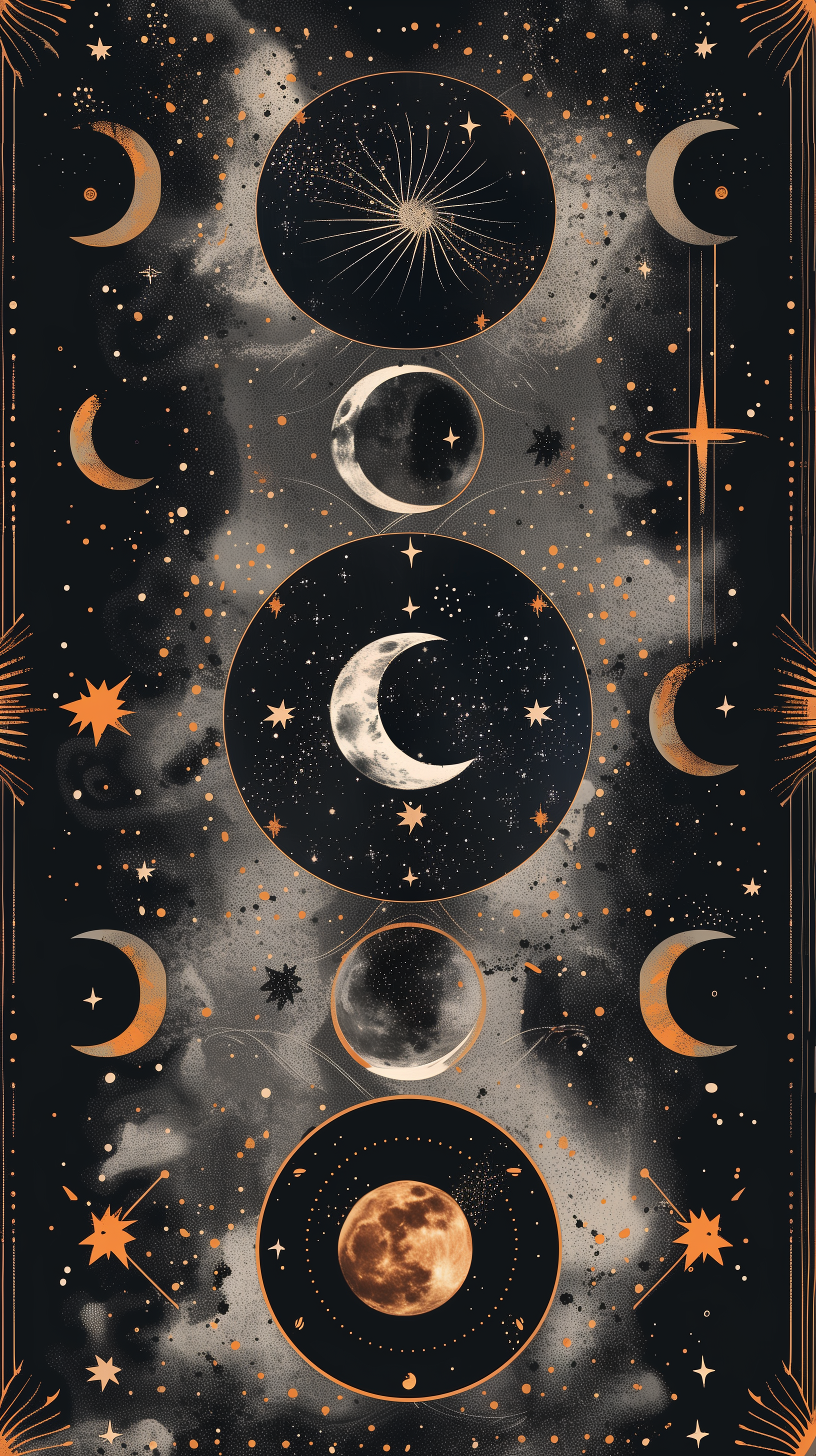Phone wallpaper featuring an artistic arrangement of moon phases with crescent and full moons, adorned with celestial motifs on a starry background.