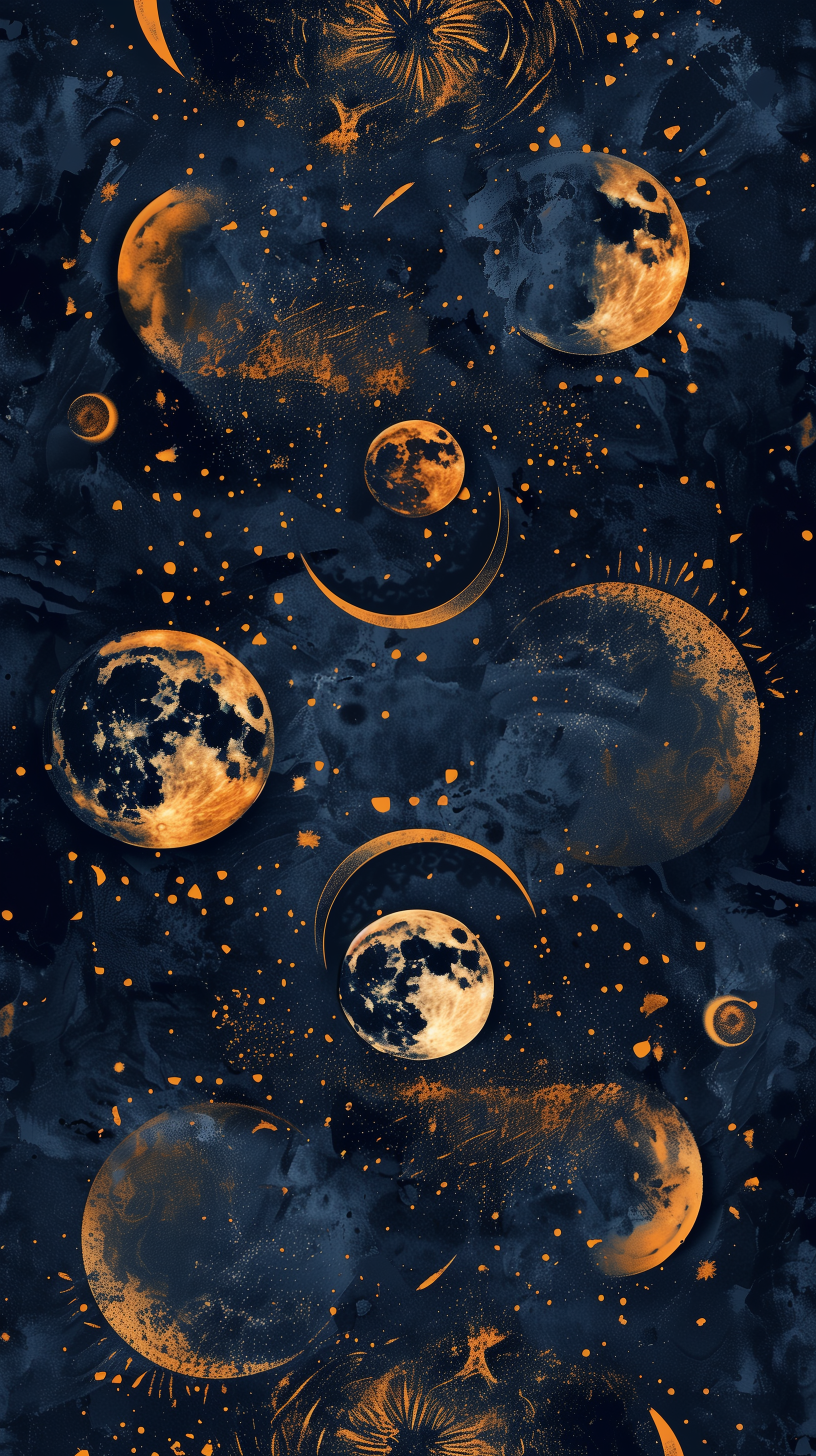 Phone wallpaper featuring artistic renditions of moon phases including crescent moons, with orange and gold accents on a dark blue background.