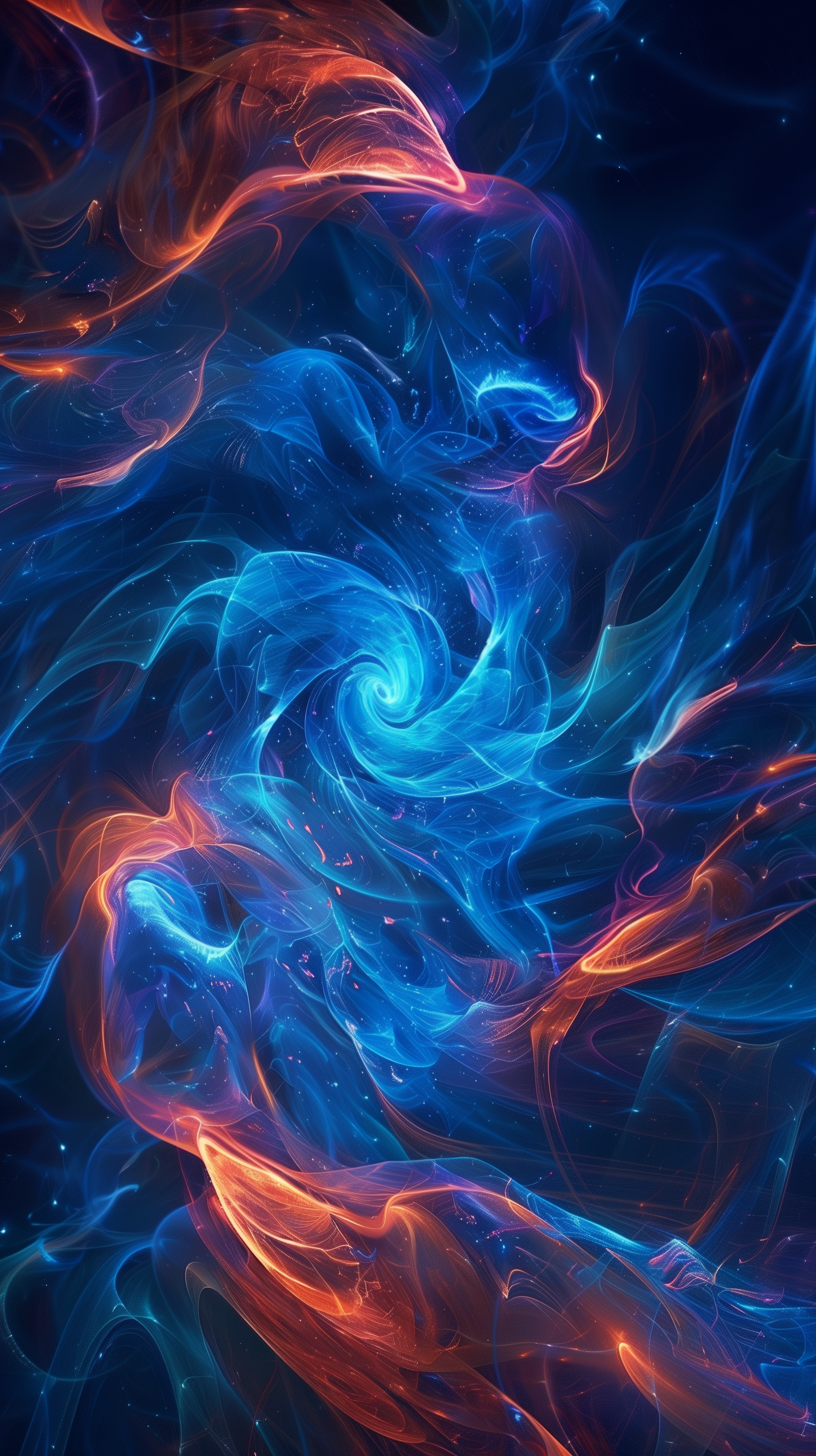 Vibrant phone wallpaper featuring a dynamic blue and orange spiral design with swirling patterns.