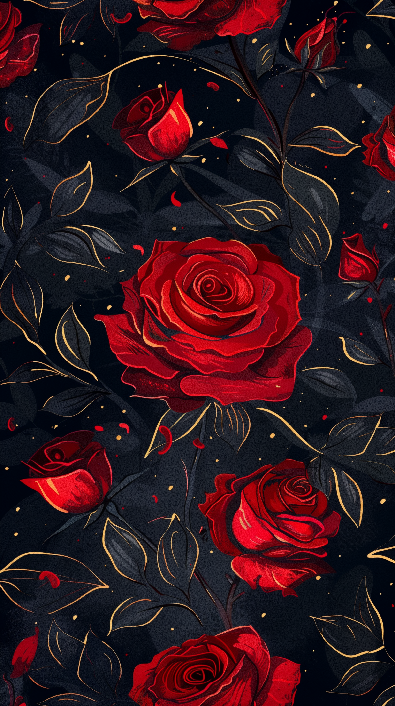 A phone wallpaper featuring an enchanting pattern of vivid red roses and delicate gold leaves on a dark blue background.