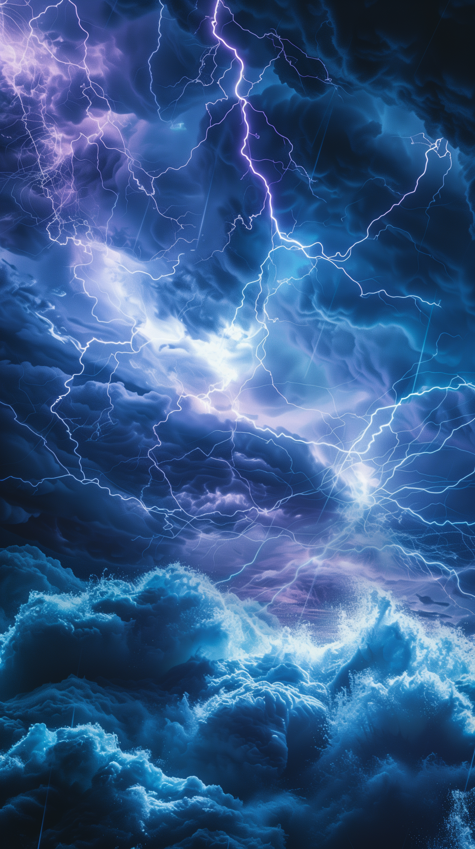 Dynamic phone wallpaper depicting intense lightning bolts surging across a vividly illuminated sky with wave-like cloud formations.