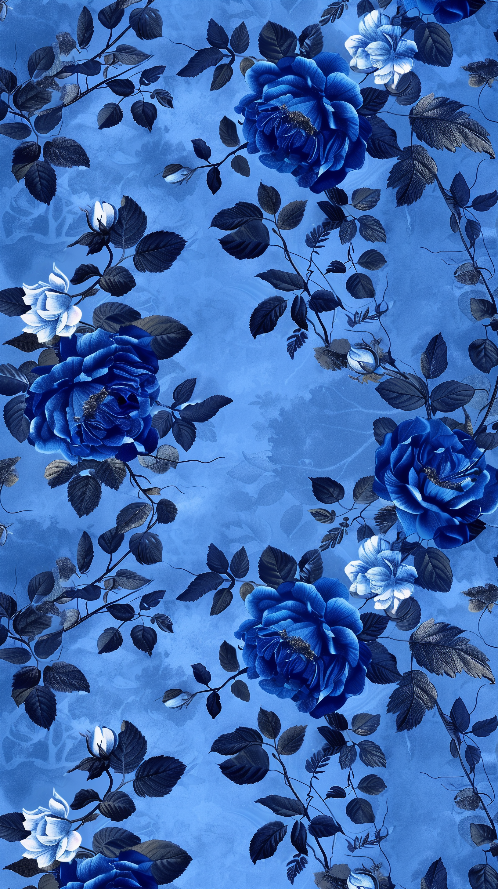 Blue and white enchanted roses on a blue background designed as a phone wallpaper.