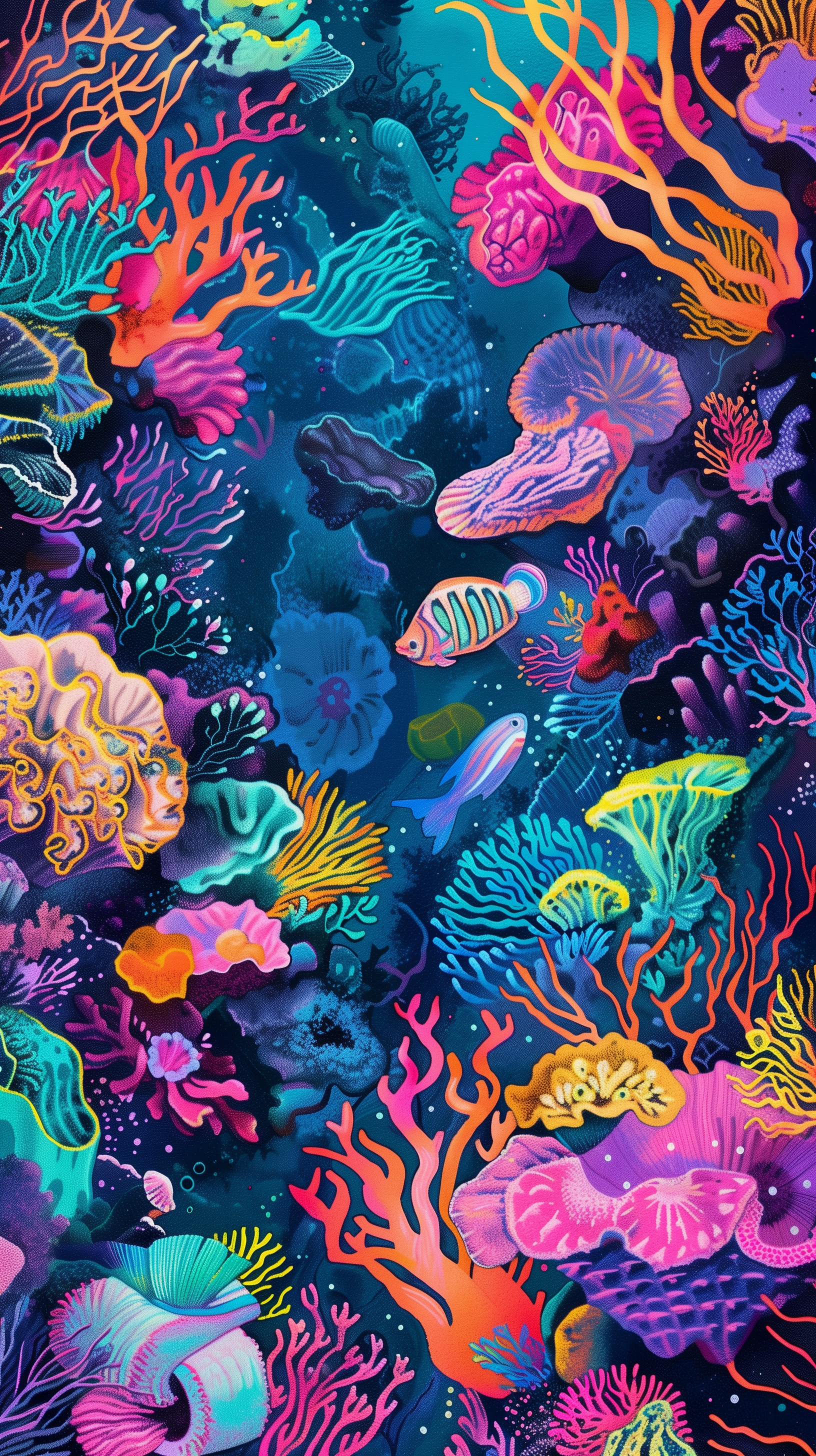 Vibrant phone wallpaper featuring a colorful illustration of a coral reef with various fish swimming among brightly-hued corals.
