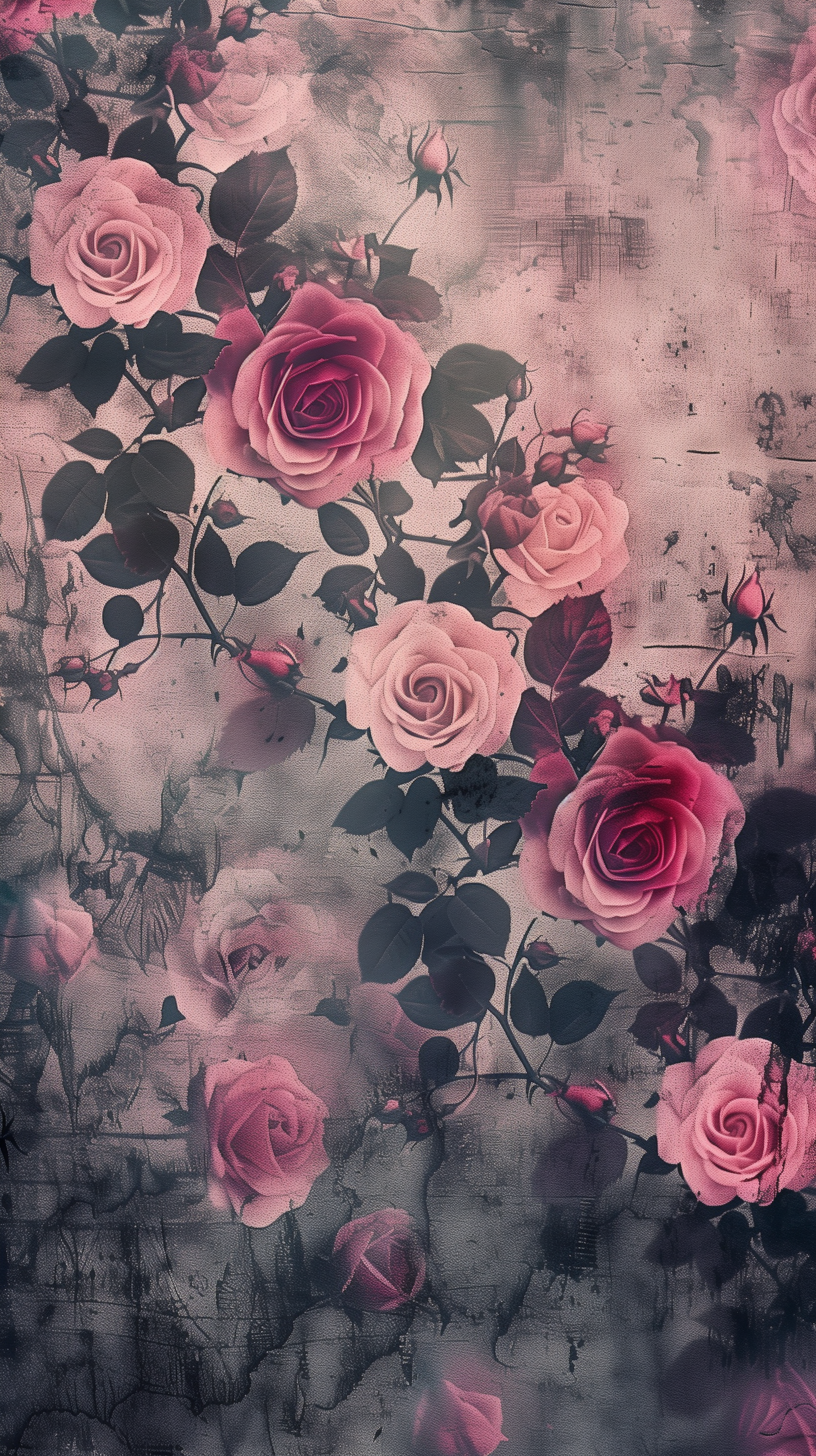 Phone wallpaper featuring an enchanting cluster of pink and dark pink roses on a textured, shadowy background.