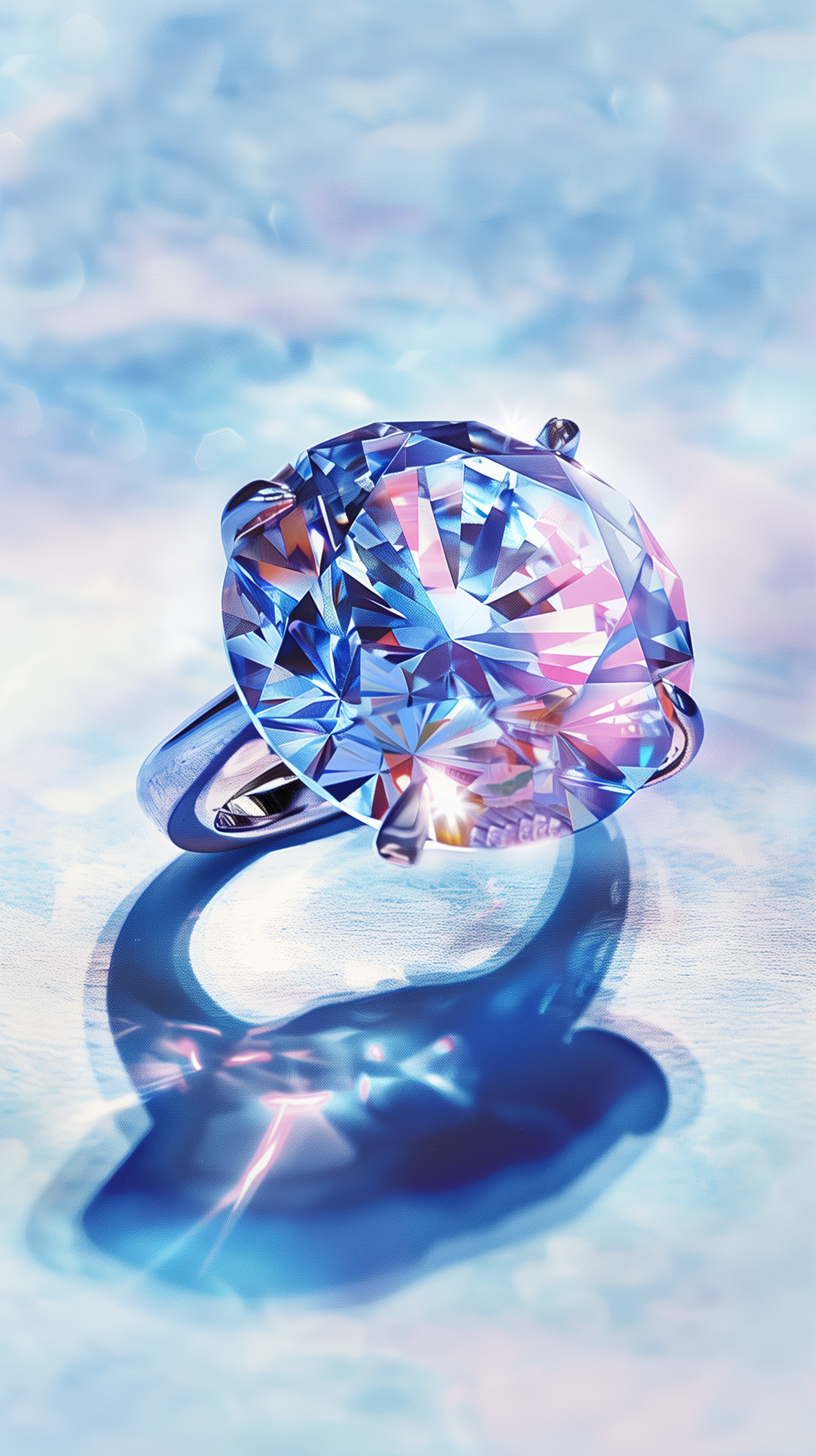 Phone wallpaper featuring a radiant diamond ring with brilliant light reflections on a blue, sparkling background.