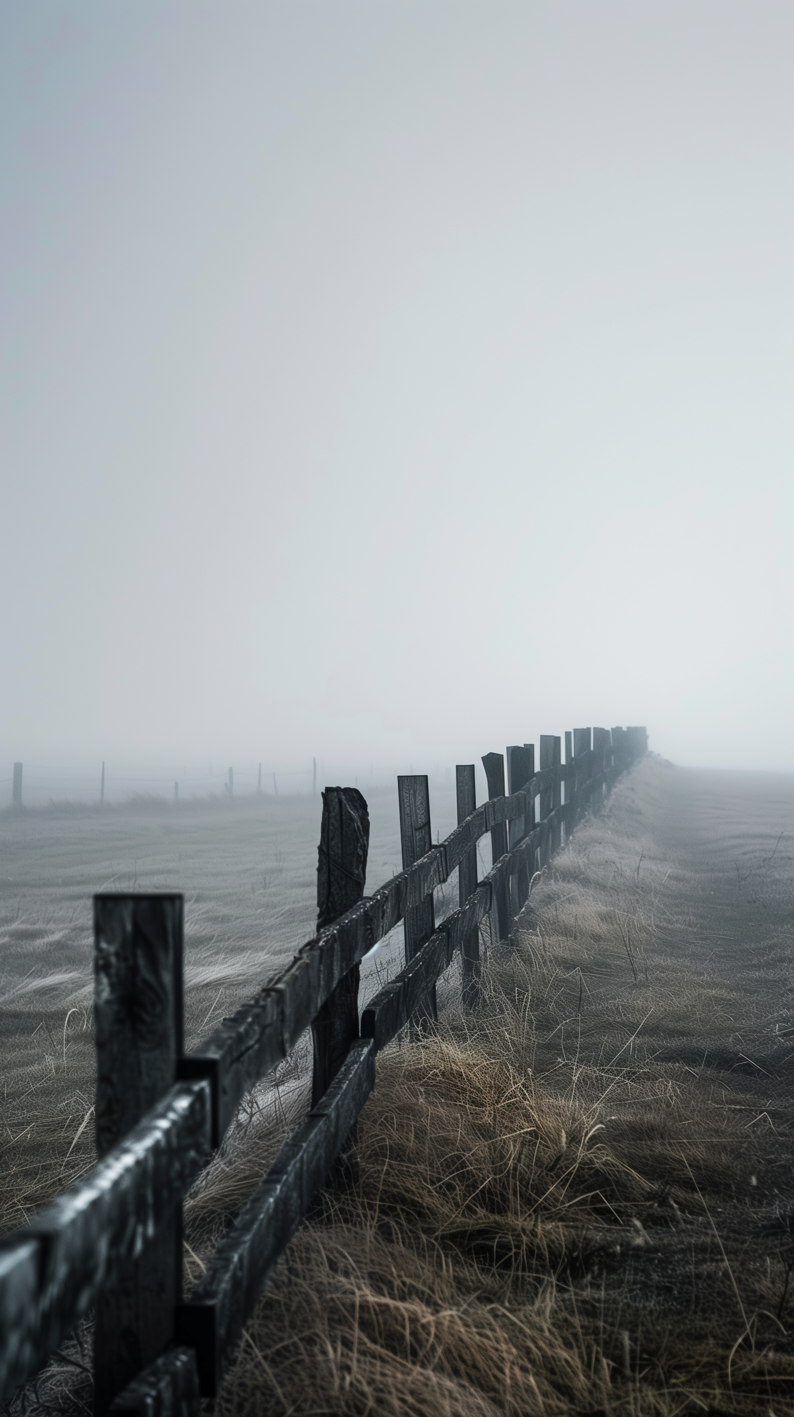 Phone wallpaper of a wooden fence along a foggy country road, creating a serene, mysterious atmosphere.