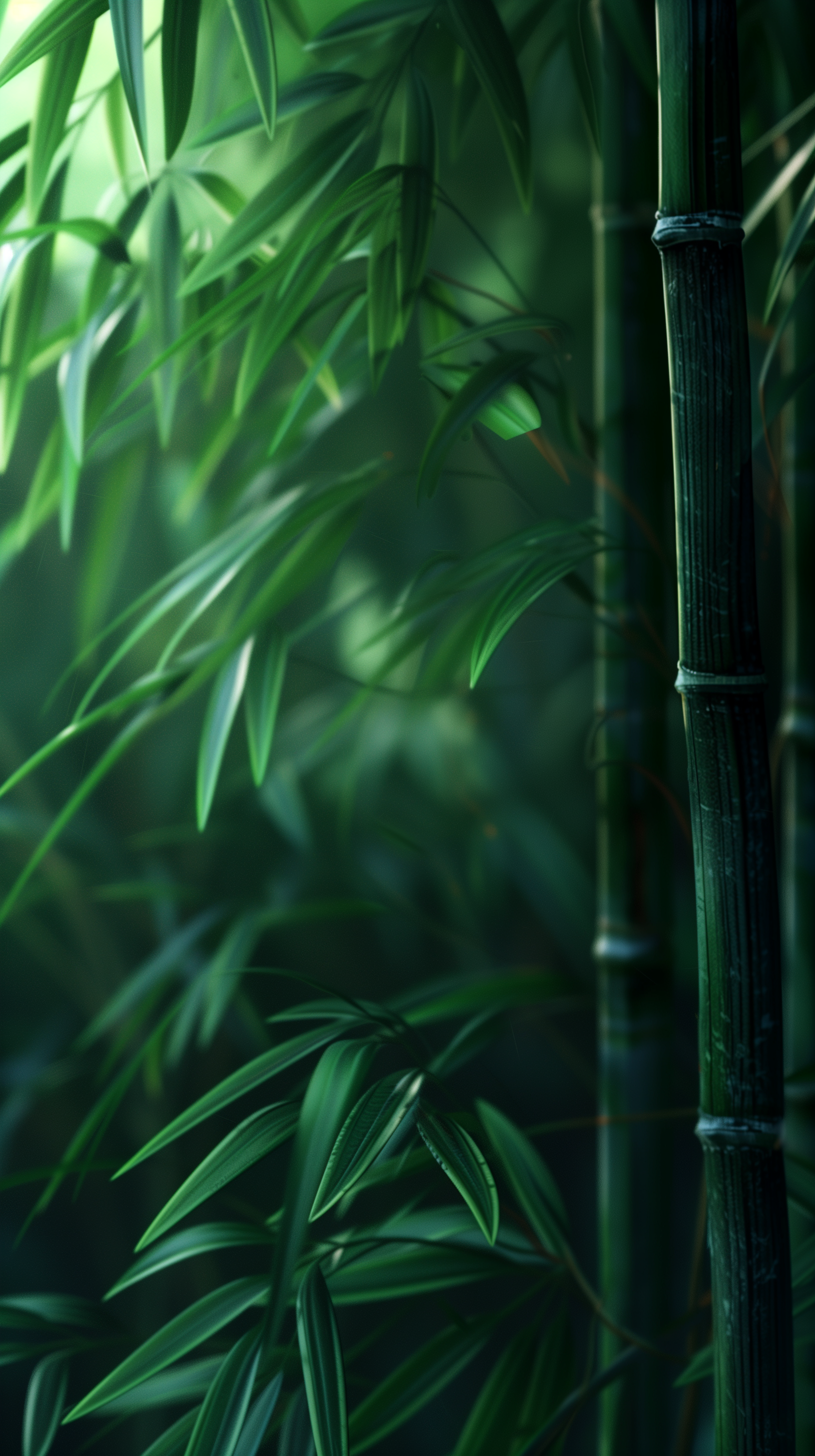 Phone wallpaper featuring a serene bamboo forest with lush green leaves and detailed bamboo stalks in a shadowy, mystical setting.