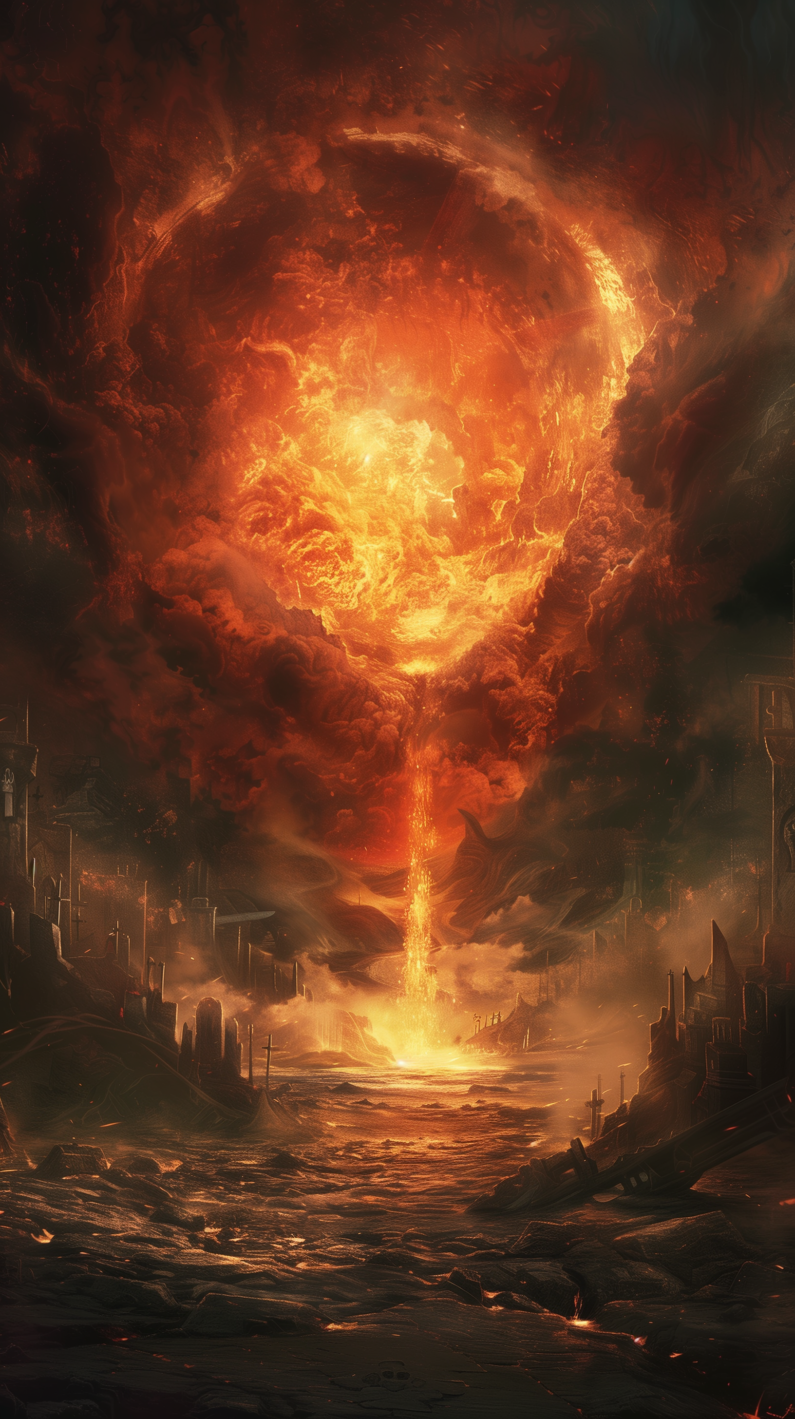 Phone wallpaper depicting a dramatic volcanic eruption with a fiery explosion above a graveyard, casting an eerie glow over tombstones and a desolate landscape.