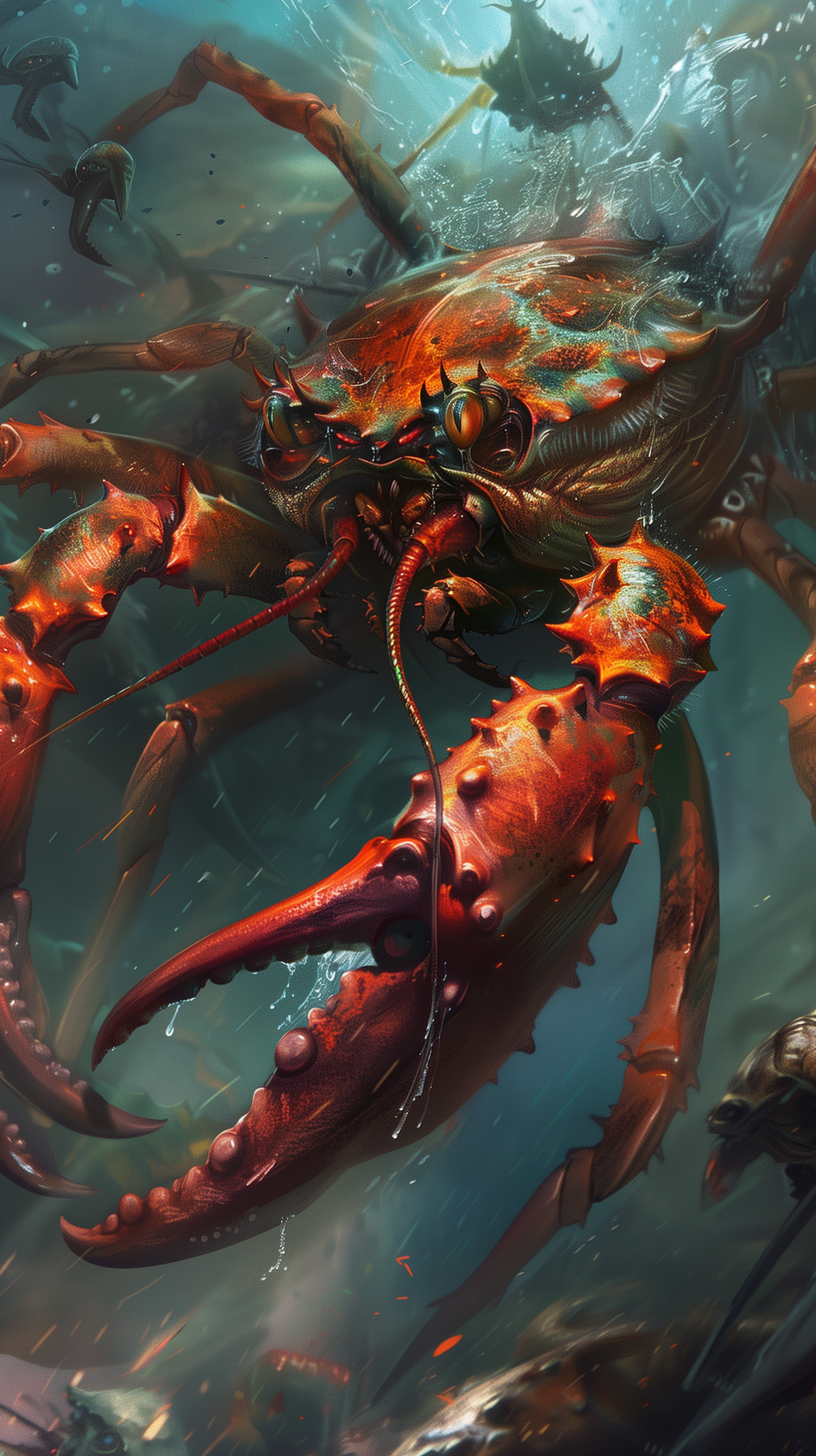 Artistic phone wallpaper featuring a detailed depiction of a large, vivid crab in an underwater scene.