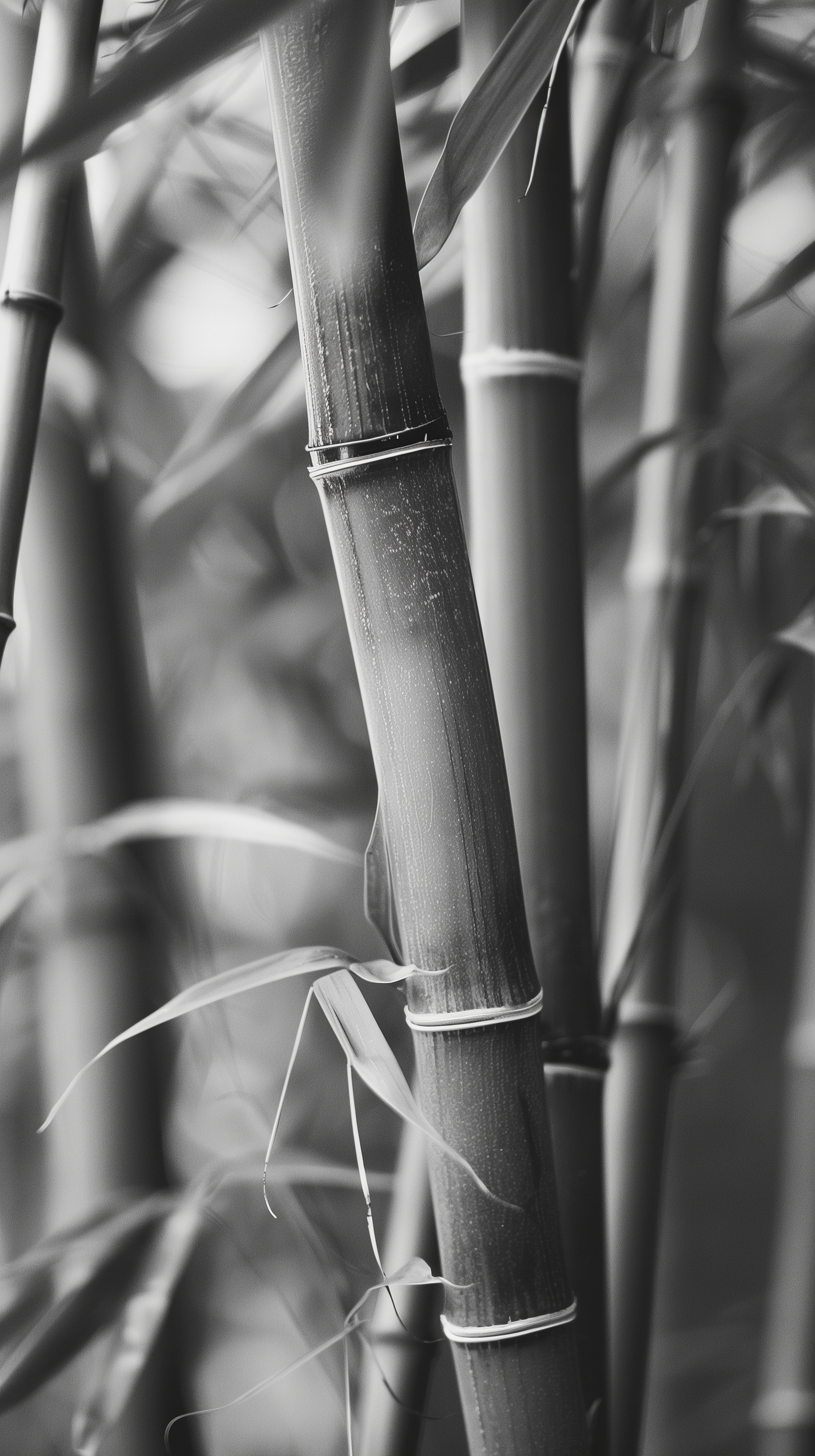 Greyscale image of bamboo stalks for a phone wallpaper, showcasing detailed texture and natural patterns.