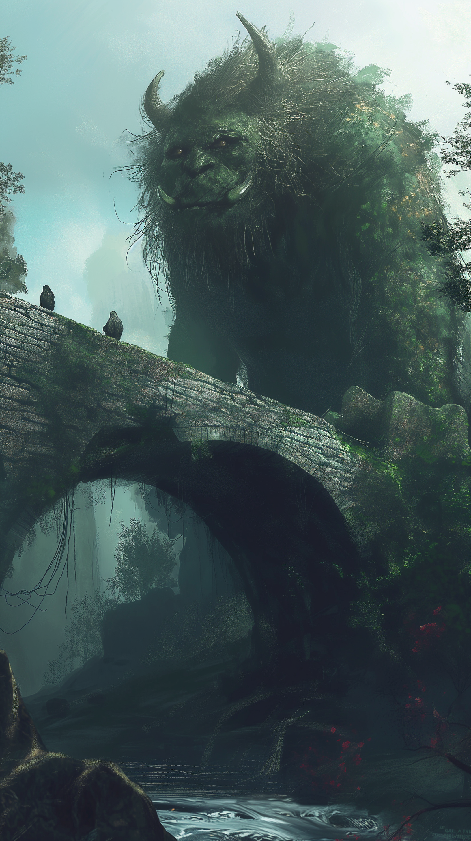 Phone wallpaper depicting a mythical troll peering over an ancient stone bridge shrouded in mist, set in a lush, mysterious forest.