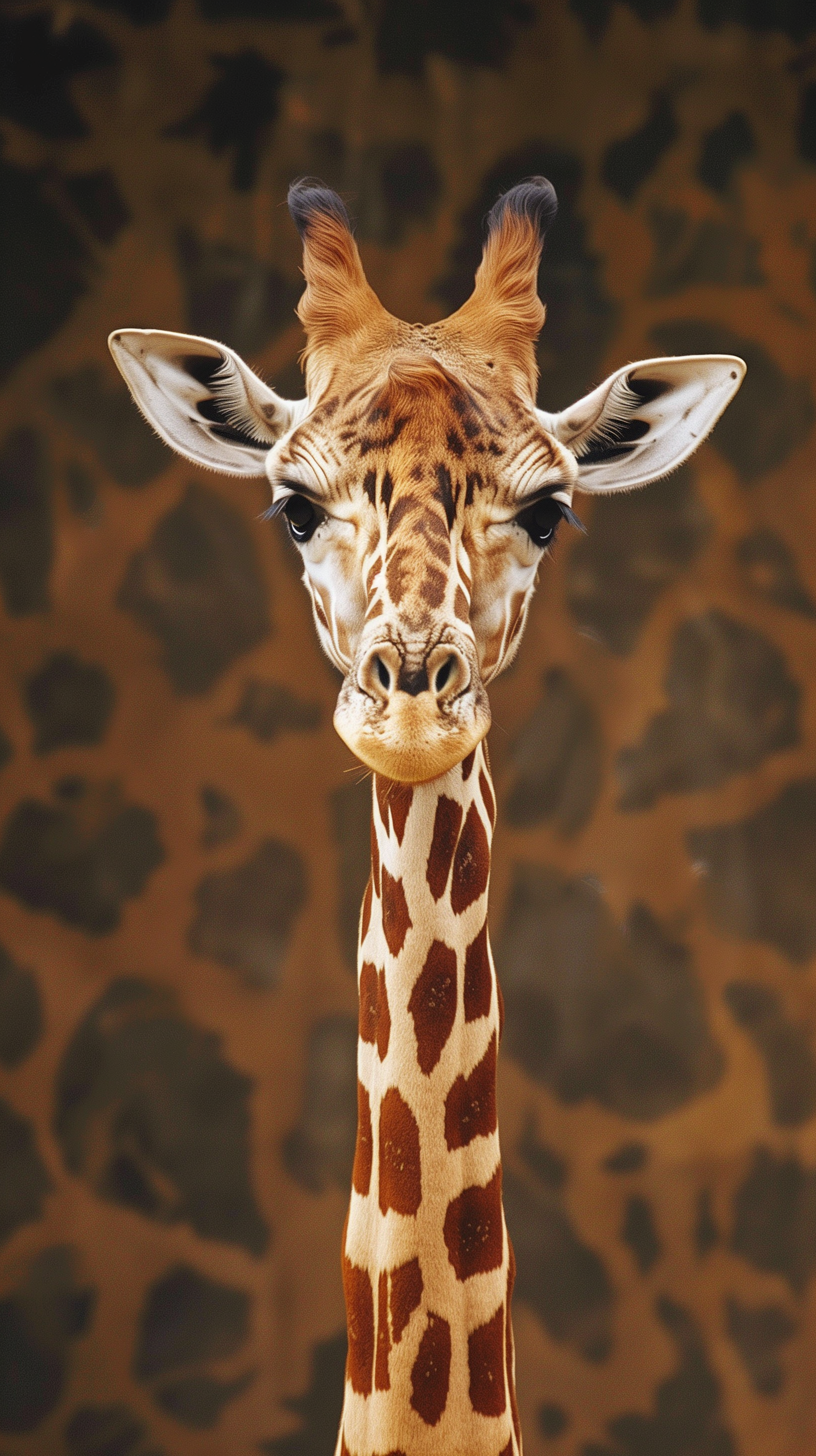 A giraffe faces forward against a matching patterned background, designed as an engaging phone wallpaper.