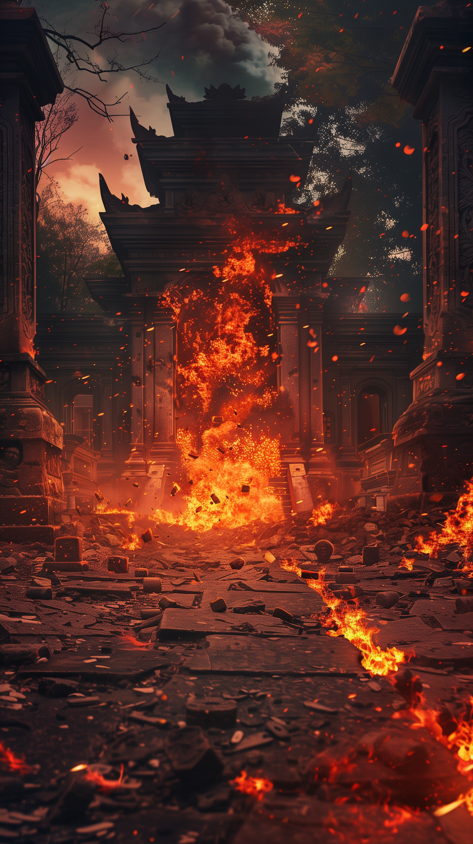 Phone wallpaper depicting a fiery eruption amidst ancient temple ruins, with flames and embers dramatically lighting the scene.