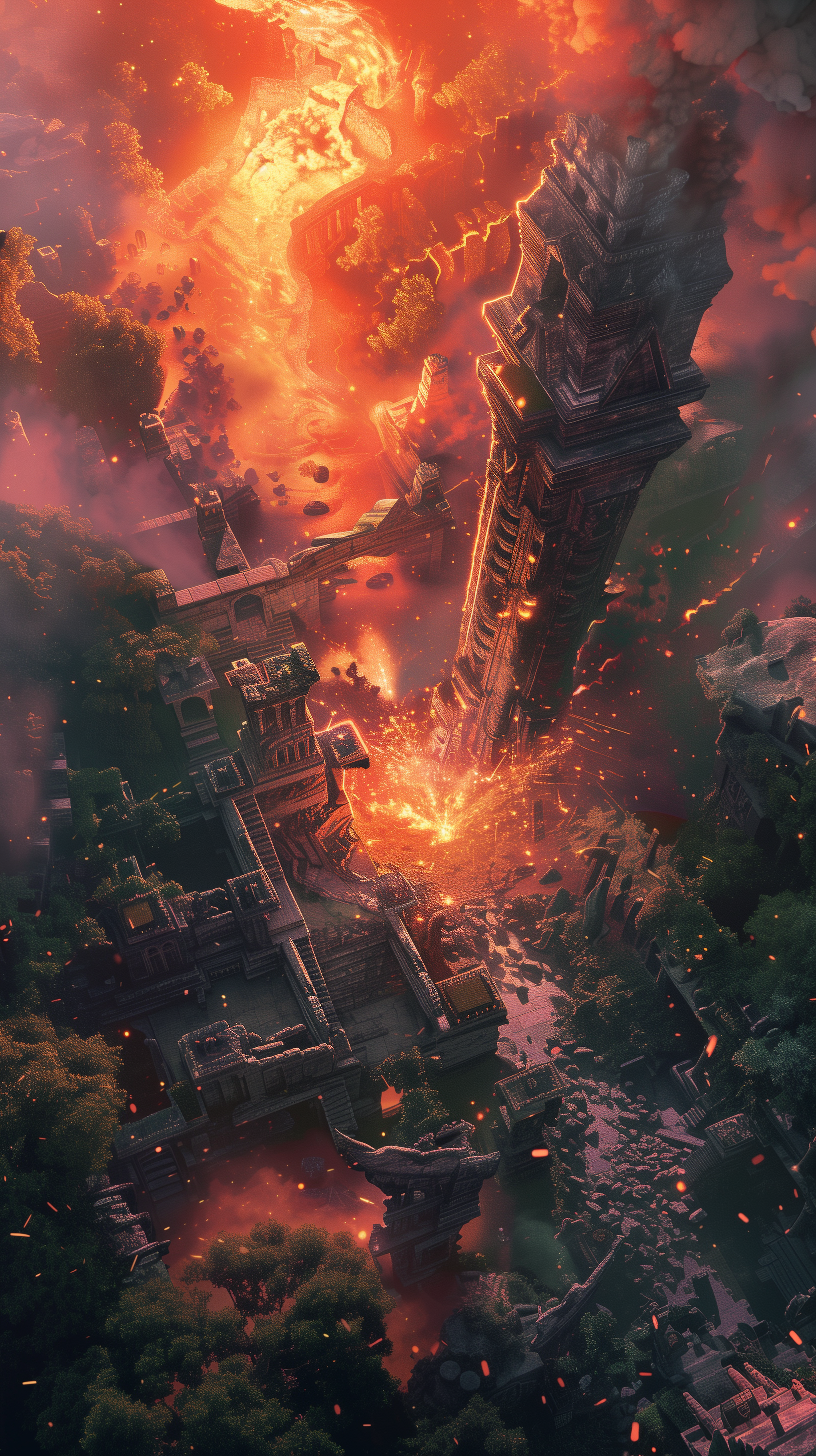 Phone wallpaper depicting a dramatic tower eruption, with vivid flames and lava spewing amidst a crumbling architecture, set against a fiery sky.