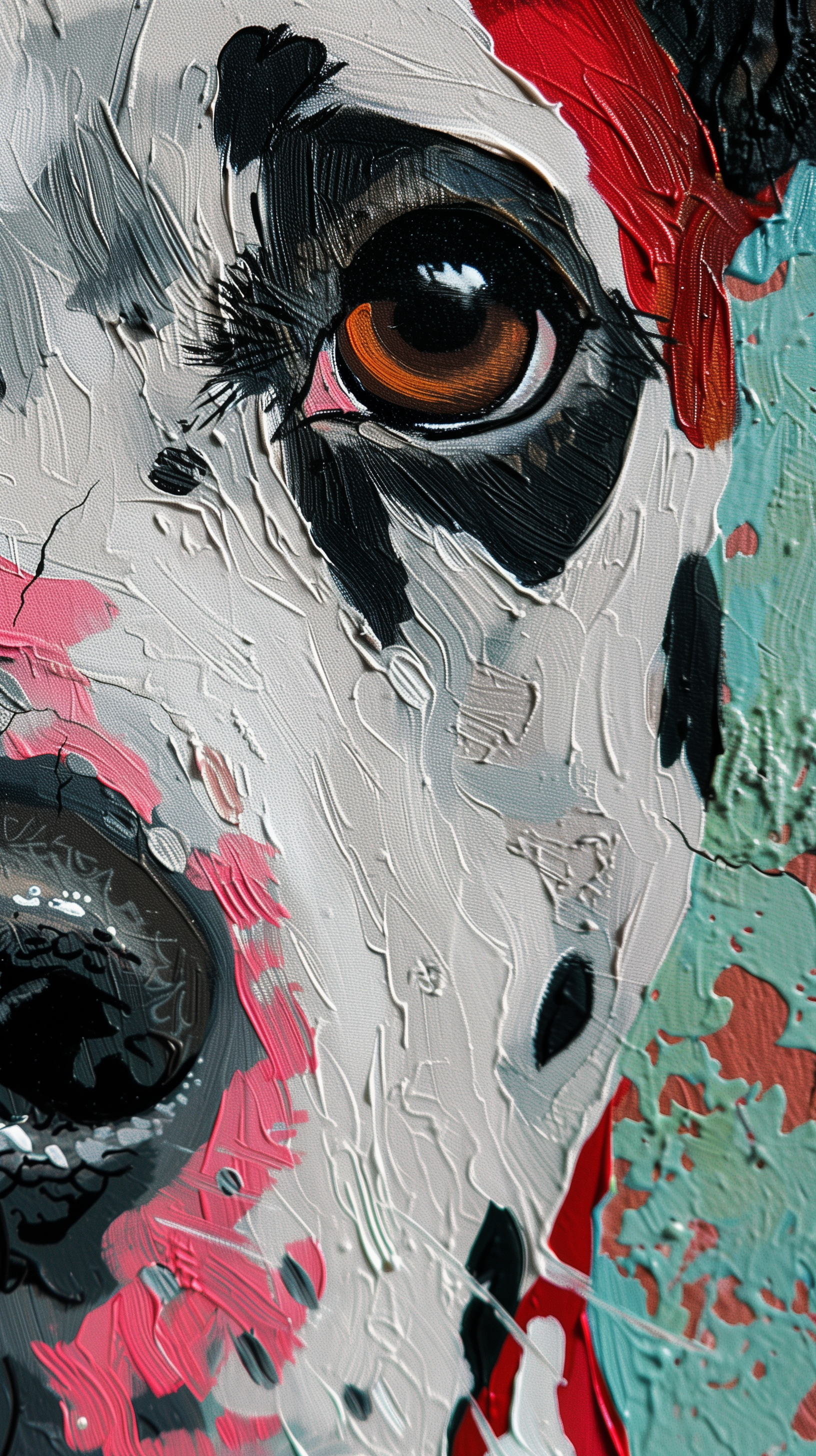 A close-up, textured painting of a Dalmatian’s face, featuring expressive eyes and unique markings, designed as a vibrant phone wallpaper.