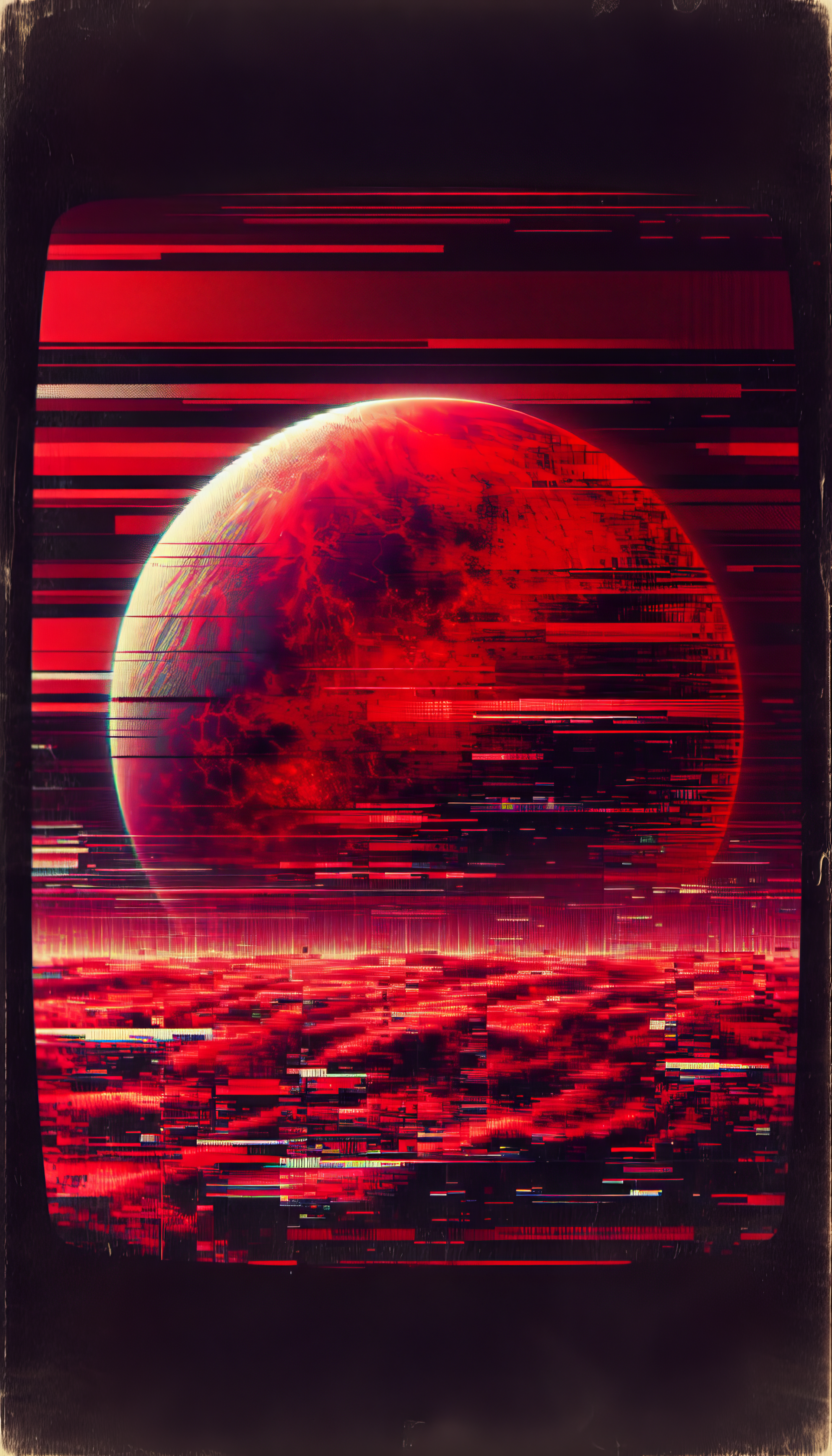 Phone wallpaper featuring a red aesthetic with a digital glitch style depiction of a large red planet against a dark, textured backdrop.