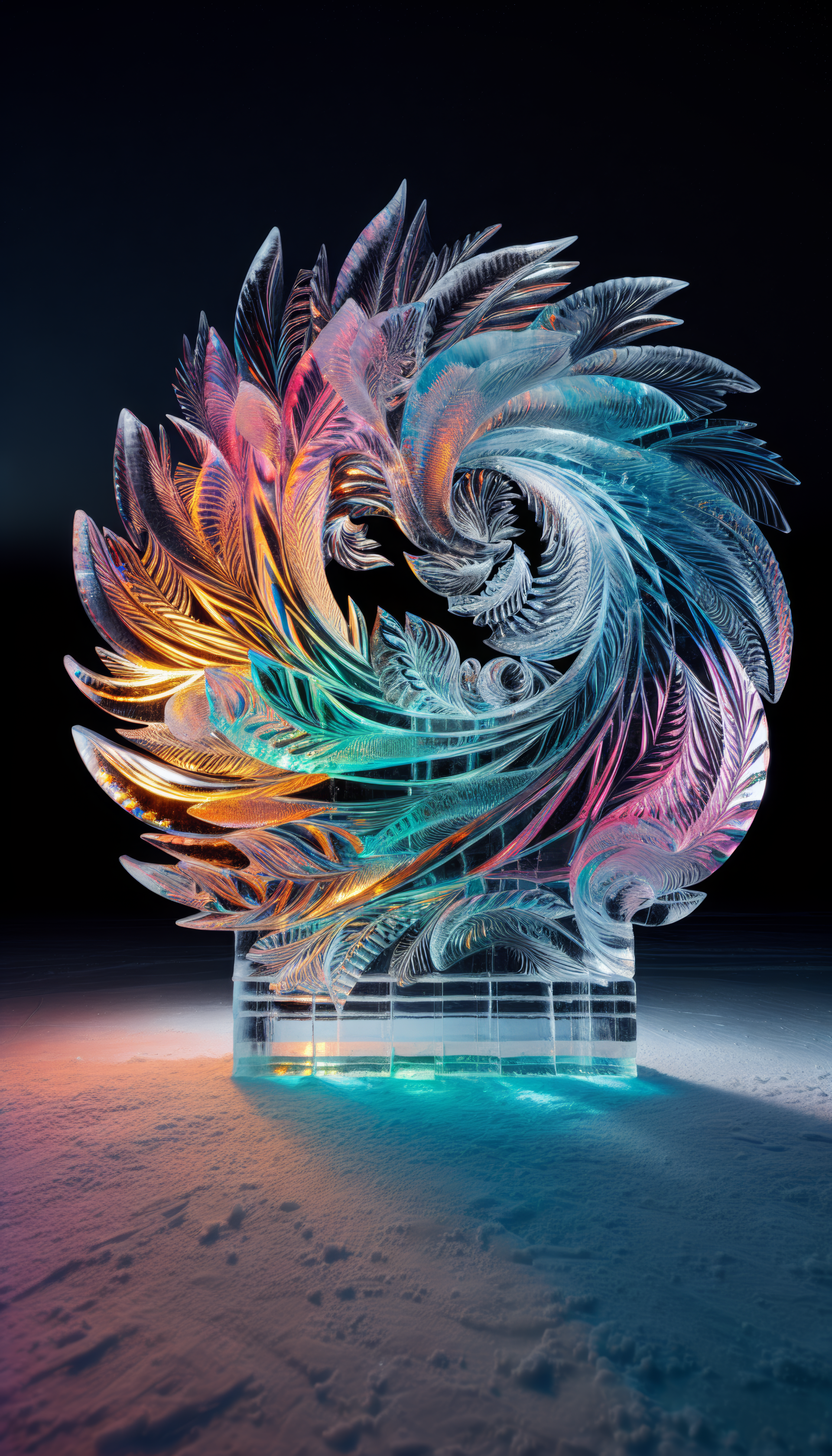 Intricate ice sculpture of a swirling feather design illuminated in rainbow colors against a dark background, designed as a phone wallpaper.