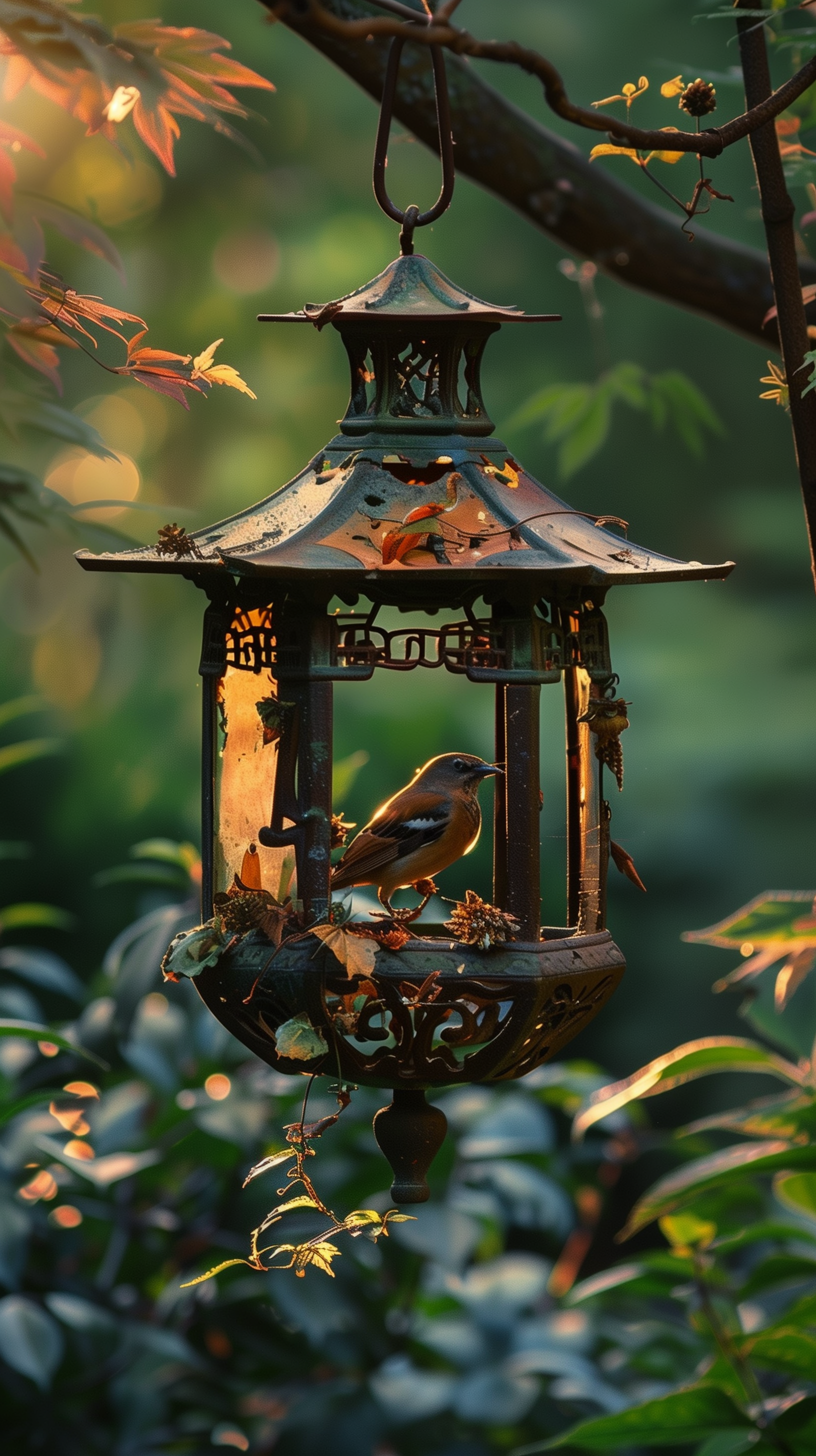 A bird perches gracefully on an ornate bird feeder among lush greenery, bathed in soft sunlight, designed as a phone wallpaper.