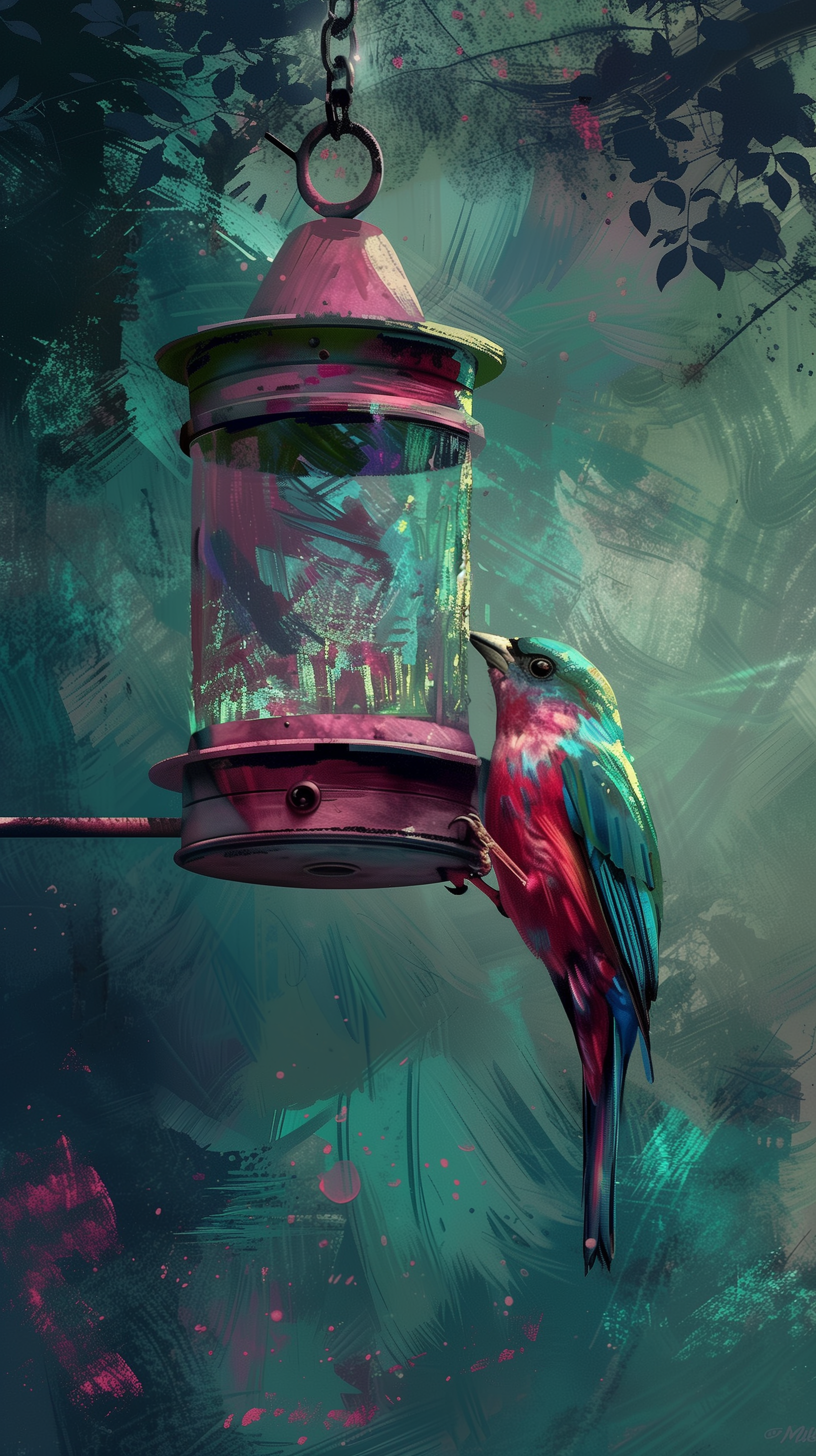 A vibrant bird perched next to a whimsical feeder, set against an artistic backdrop of teal and pink hues, makes for a captivating phone wallpaper.