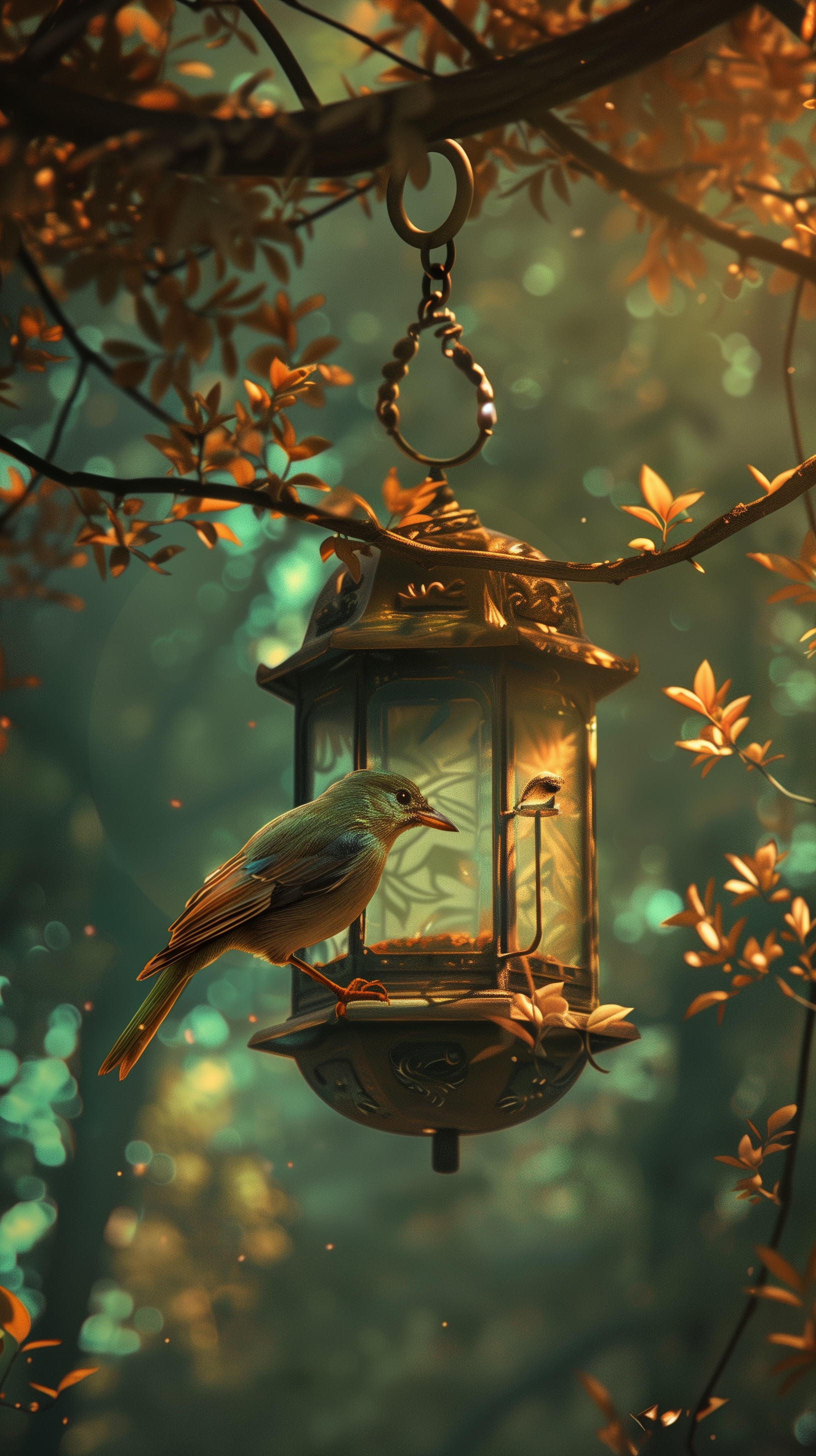 A bird perched on an elegant feeder amidst glowing, amber-hued leaves, designed as a captivating phone wallpaper.