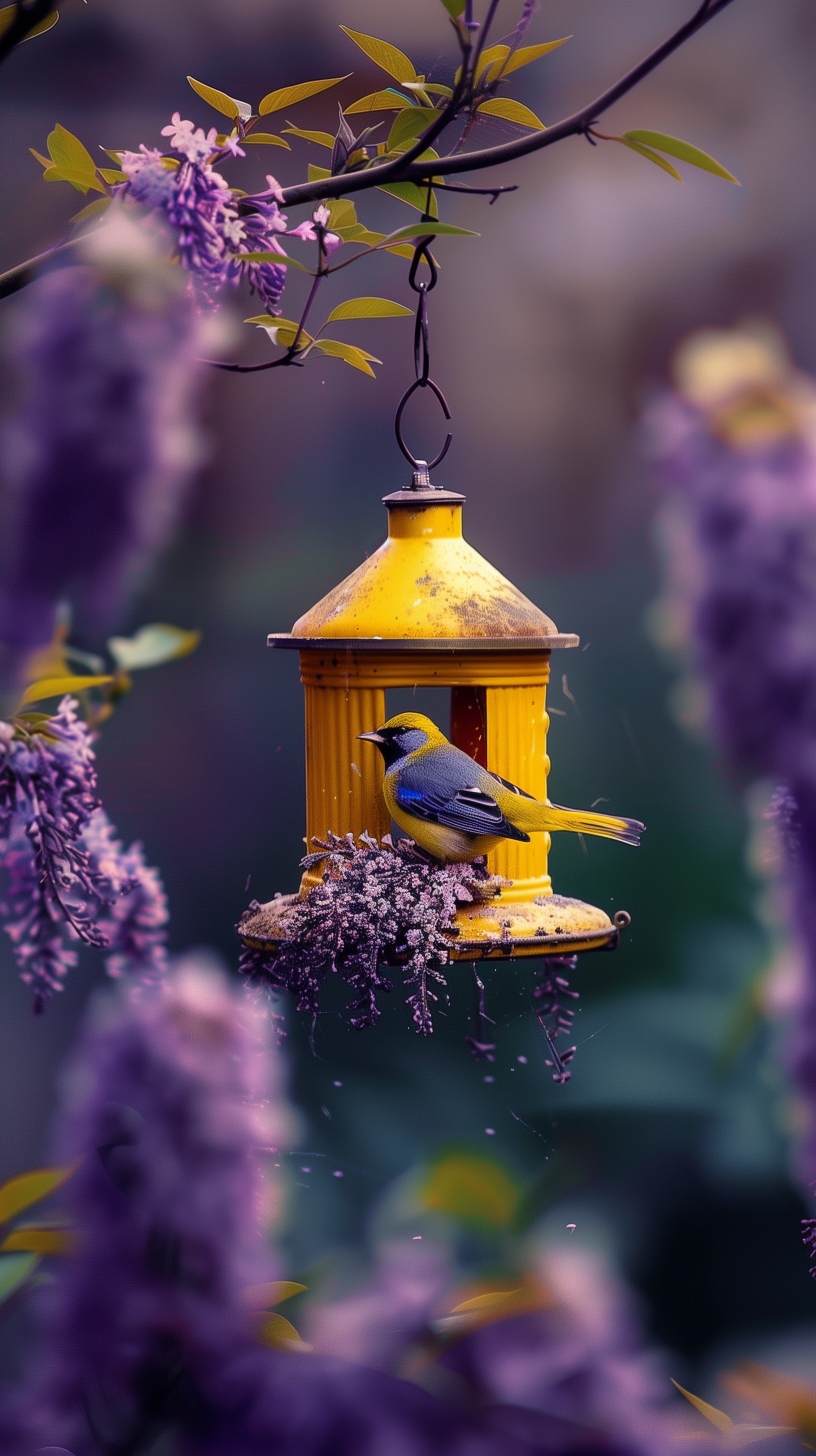 A vibrant phone wallpaper featuring a bird perched on a yellow bird feeder amidst purple flowers.