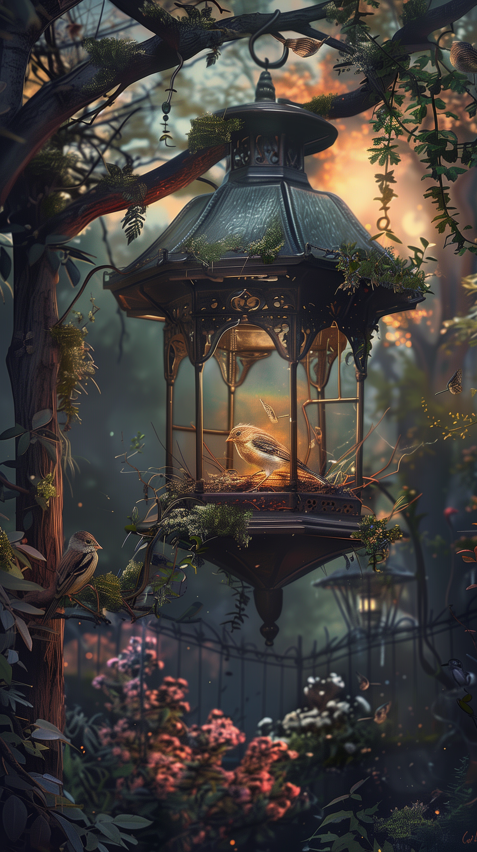 Enchanted forest phone wallpaper featuring a bird inside an ornate lantern-style bird feeder surrounded by lush greenery and blooming flowers.