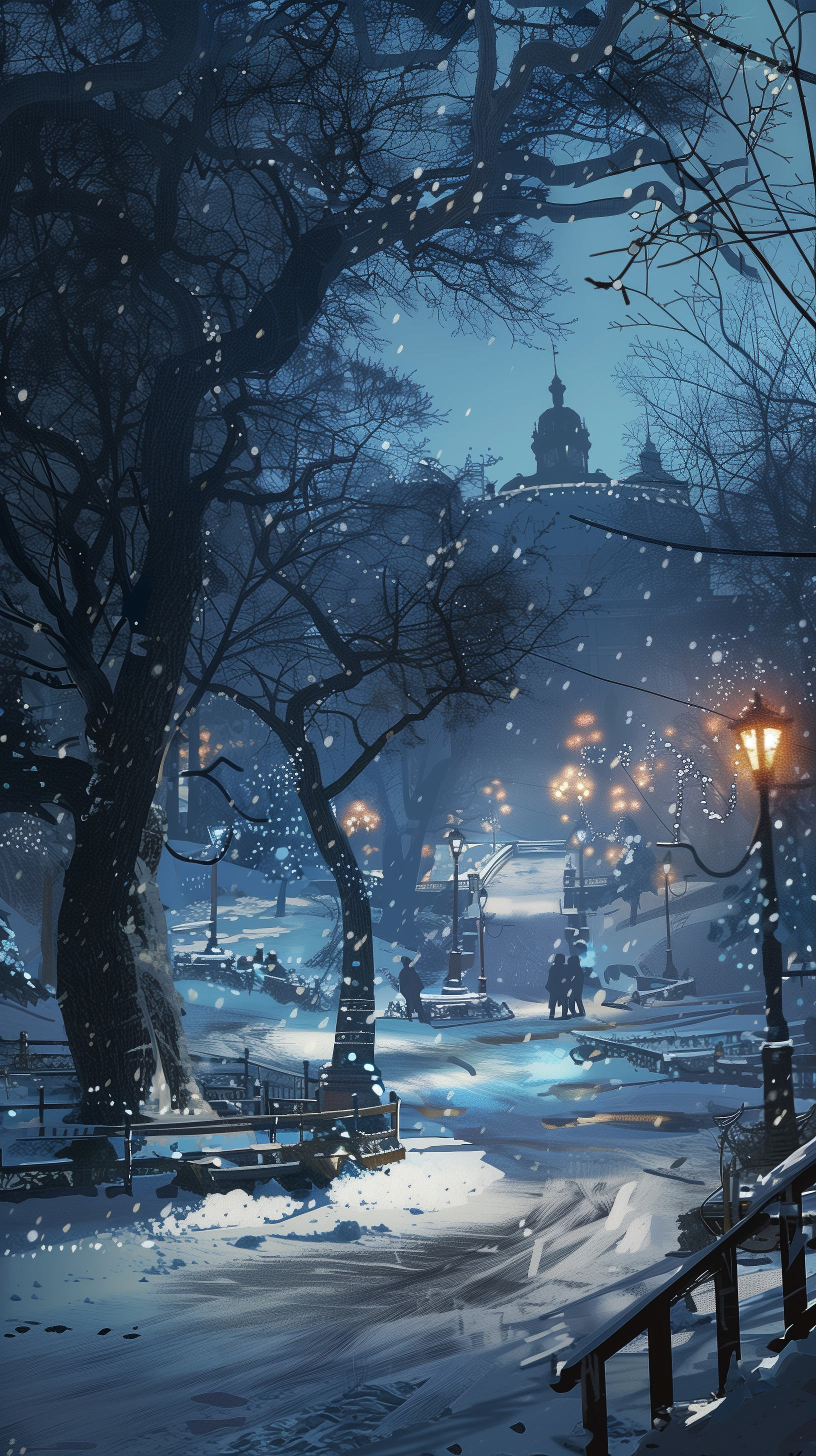 A serene snowy park at dusk, with softly glowing street lamps illuminating the path, framed by bare trees and gentle snowfall—a captivating winter phone wallpaper.