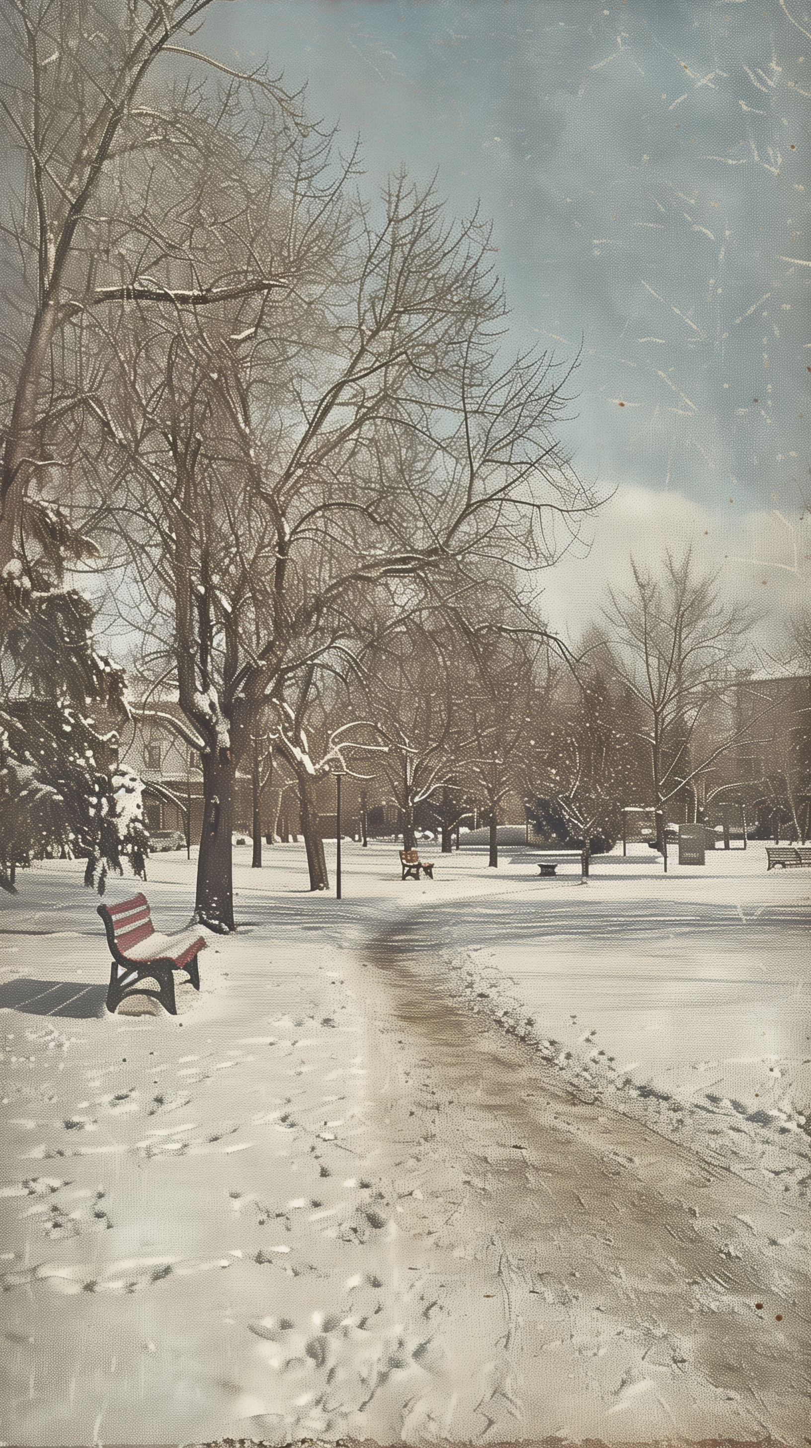 Snow-covered park with a path and a lone red bench among bare trees, designed as a winter-themed phone wallpaper.