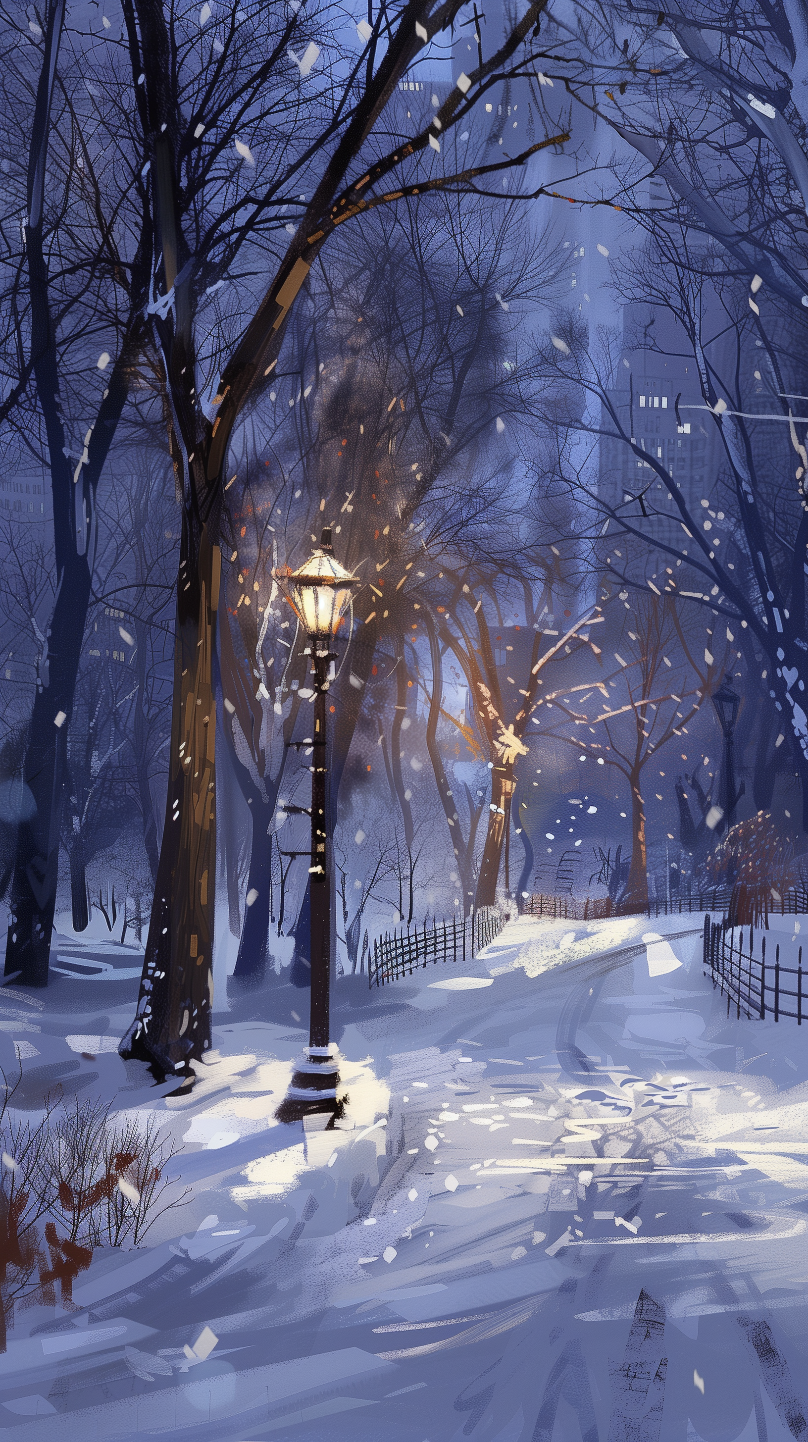 A snowy park scene at dusk, featuring a lamppost illuminating a winding path surrounded by bare trees and gently falling snowflakes, creating a serene winter atmosphere.