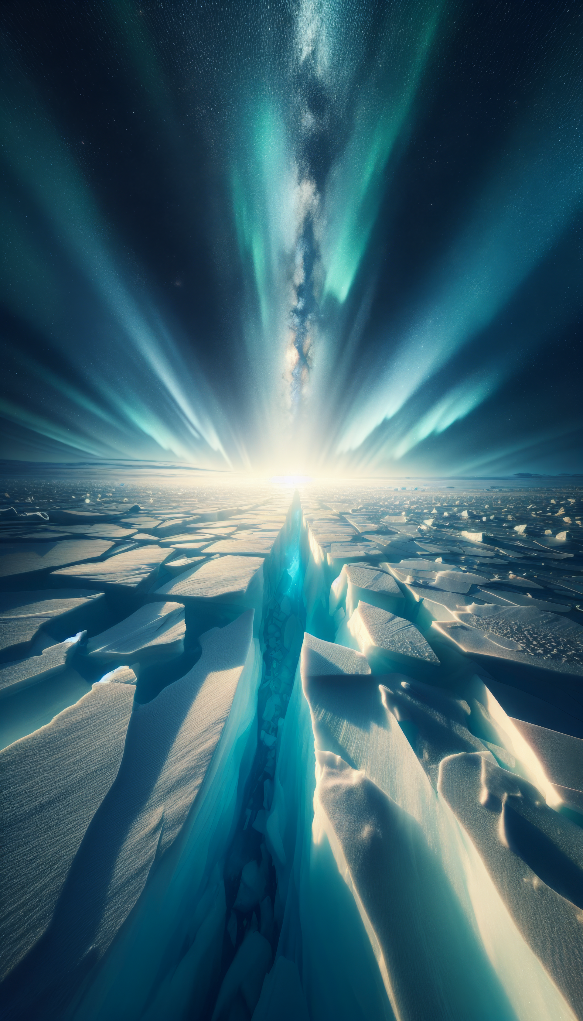 Phone wallpaper featuring a dramatic view of sea ice under a radiant aurora borealis, highlighted by striking sunbeams breaking through.