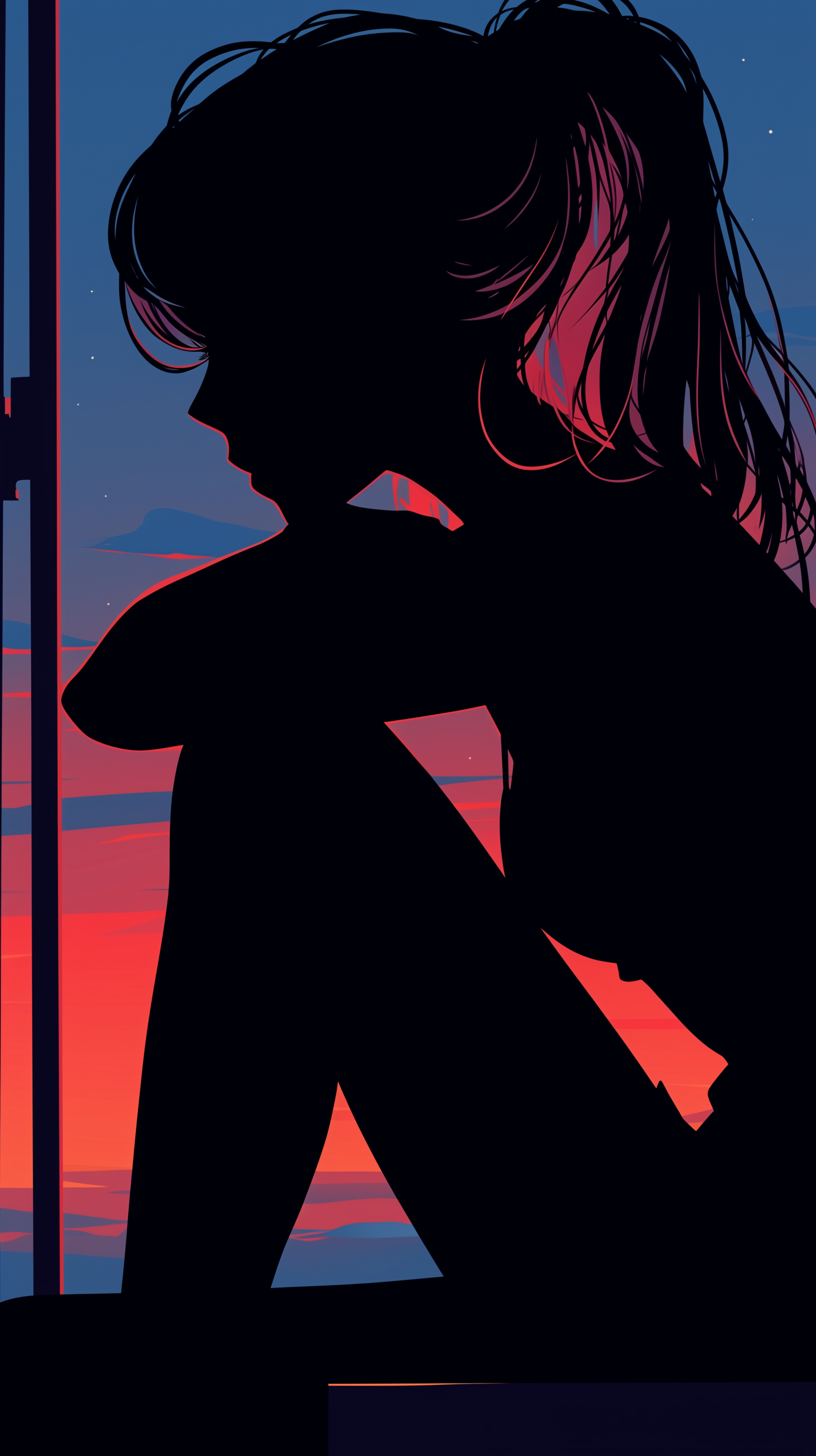 Silhouette of a sad lo-fi girl sitting by a window, set against a vibrant sunset. Designed as a phone wallpaper.