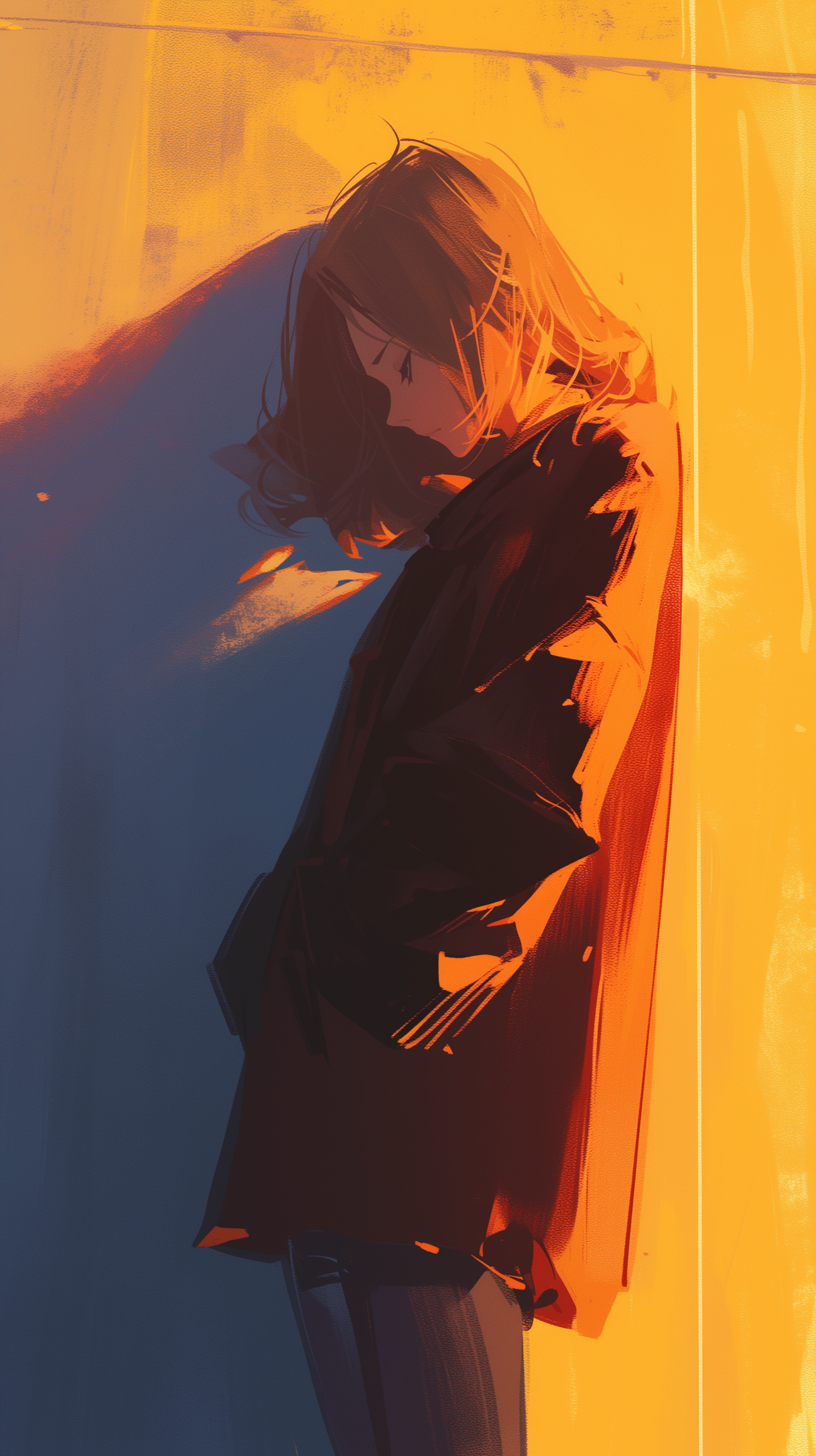 Phone wallpaper featuring a lofi art style depiction of a sad girl, bathed in warm orange light, her head bowed and hair flowing.
