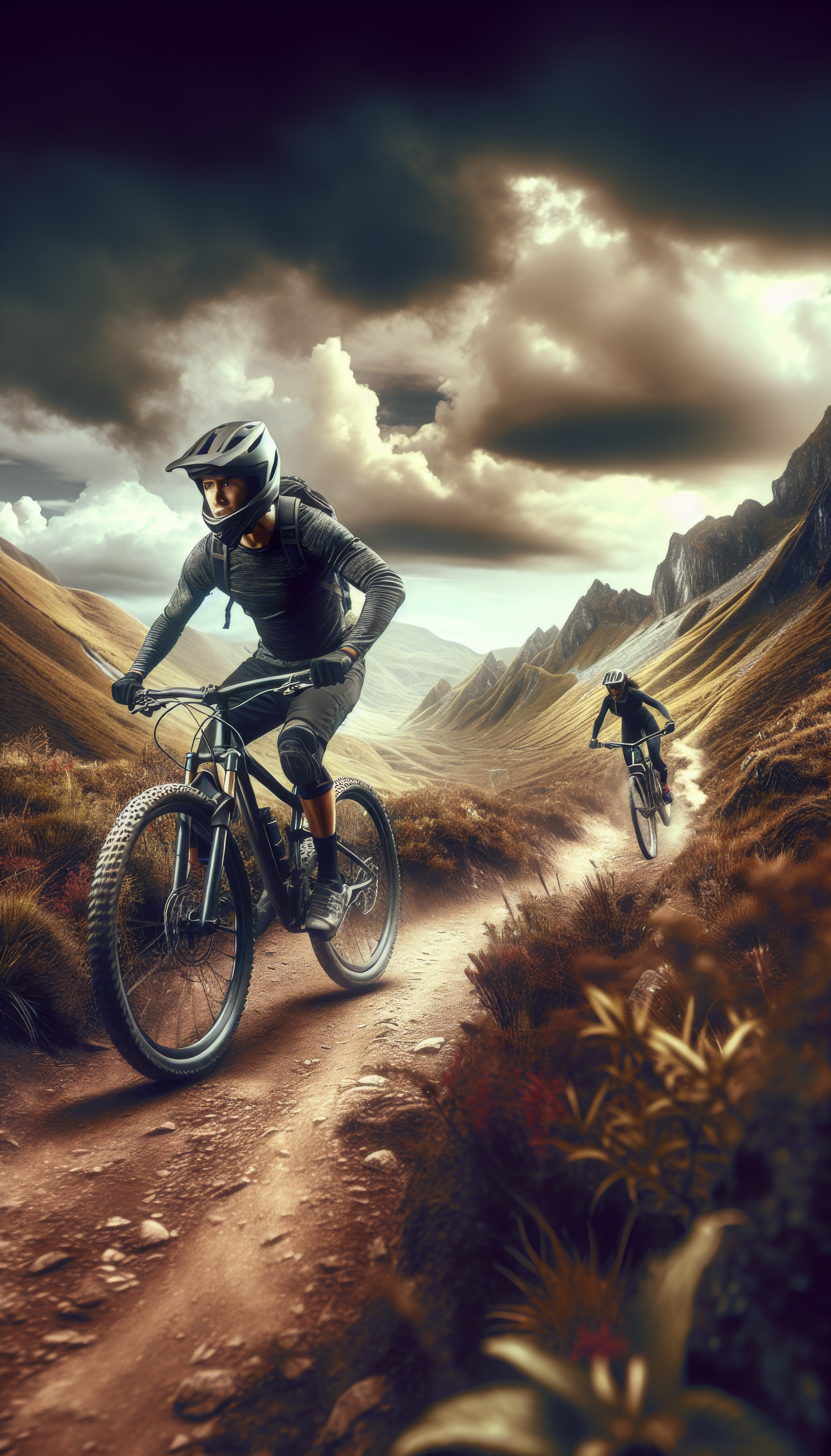 A dynamic phone wallpaper featuring two mountain bikers navigating a rugged trail amidst dramatic mountain scenery under a stormy sky.
