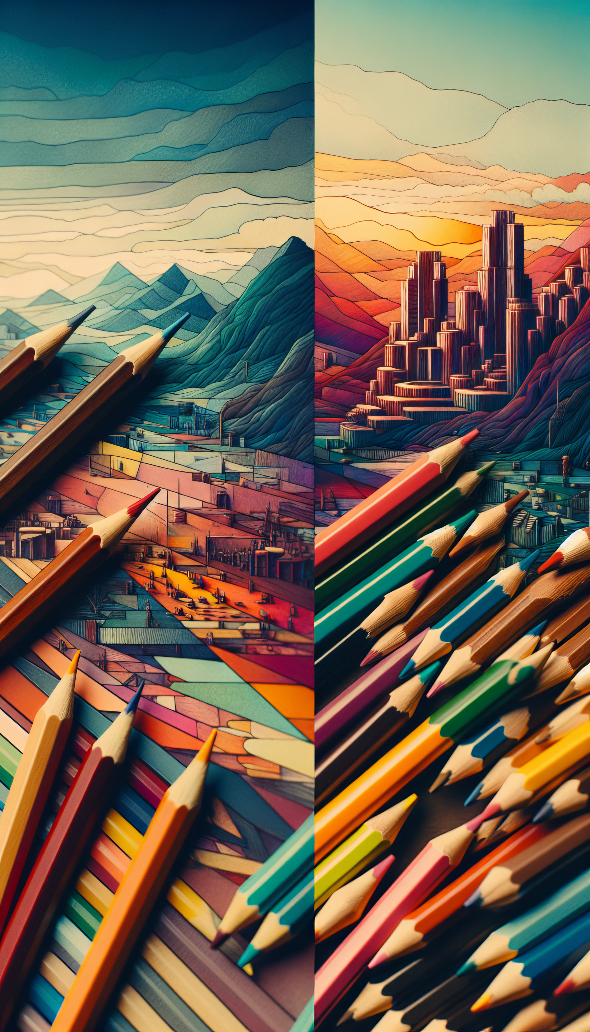 Vibrant phone wallpaper featuring colored pencils arranged along the edges, framing artistic, stylized landscapes of mountains and a cityscape.