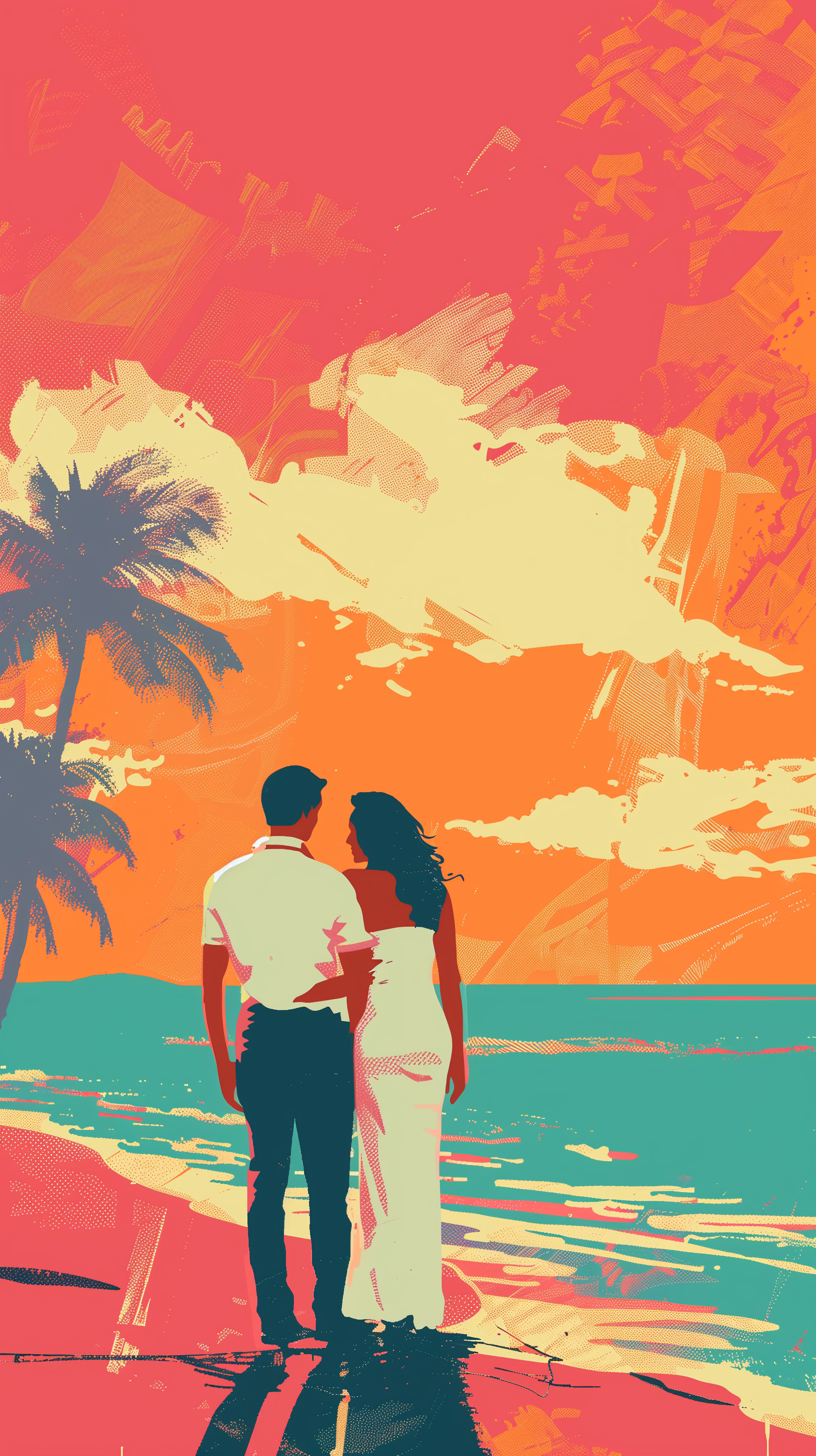 Romantic phone wallpaper depicting a couple gazing at the sunset on a beach, symbolizing love and celebrating honeymoon vibes with vibrant colors.