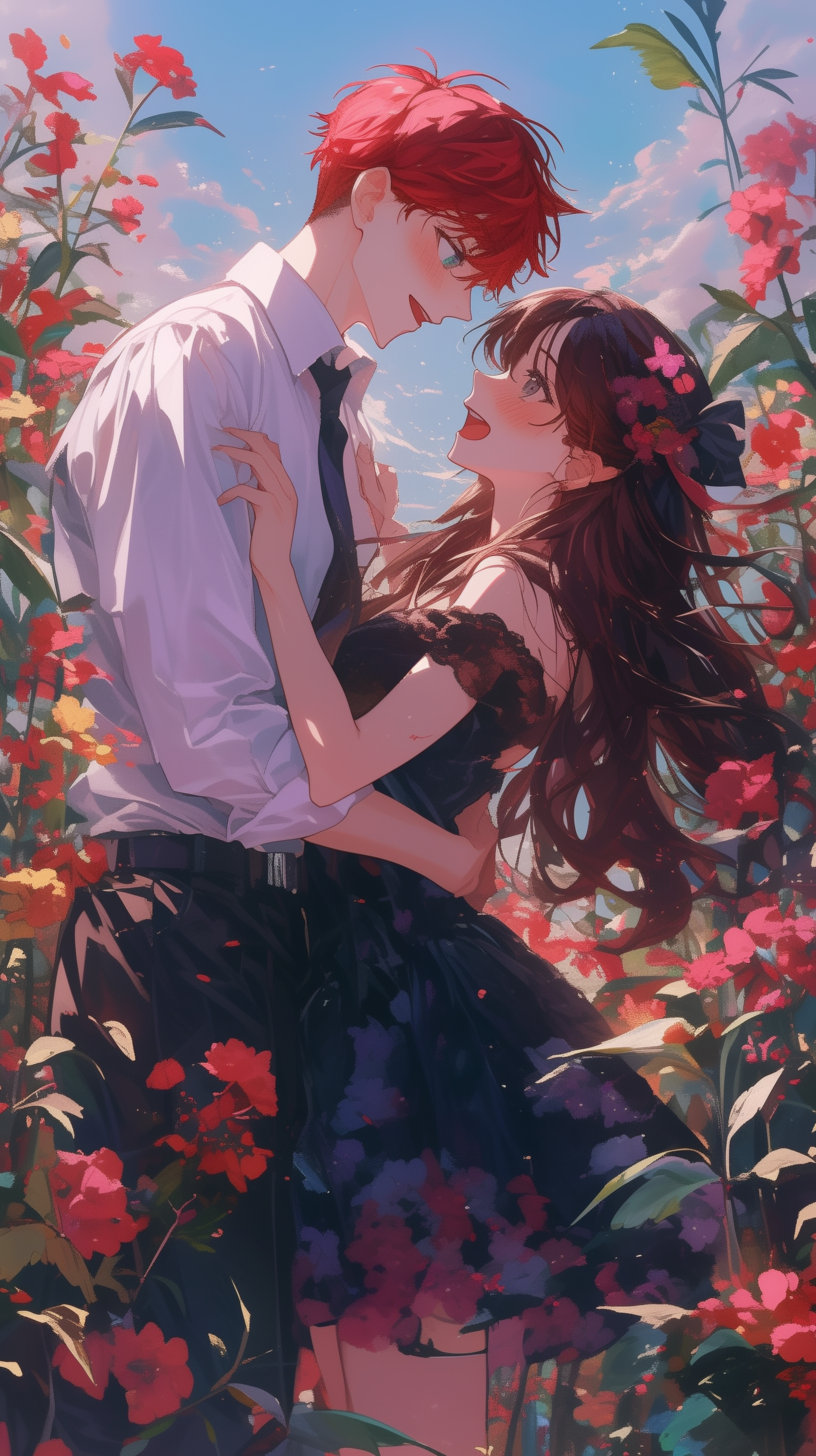 A romantic couple embraces in a lush field of vibrant flowers, capturing the essence of love during their honeymoon. This enchanting scene makes a charming phone wallpaper.