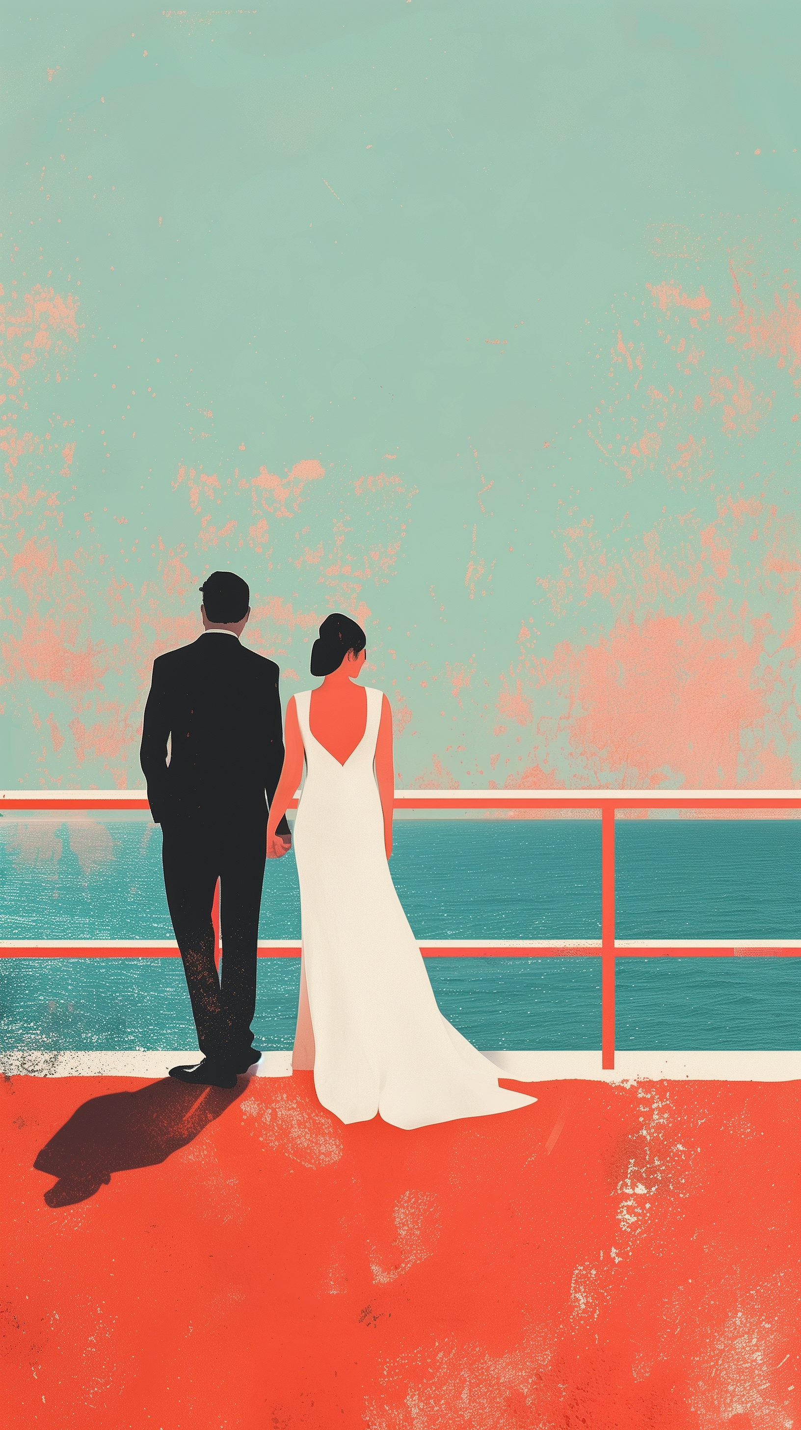 Phone wallpaper depicting a romantic illustration of a couple on their honeymoon, standing together on a ship deck overlooking the sea, in a serene embrace.