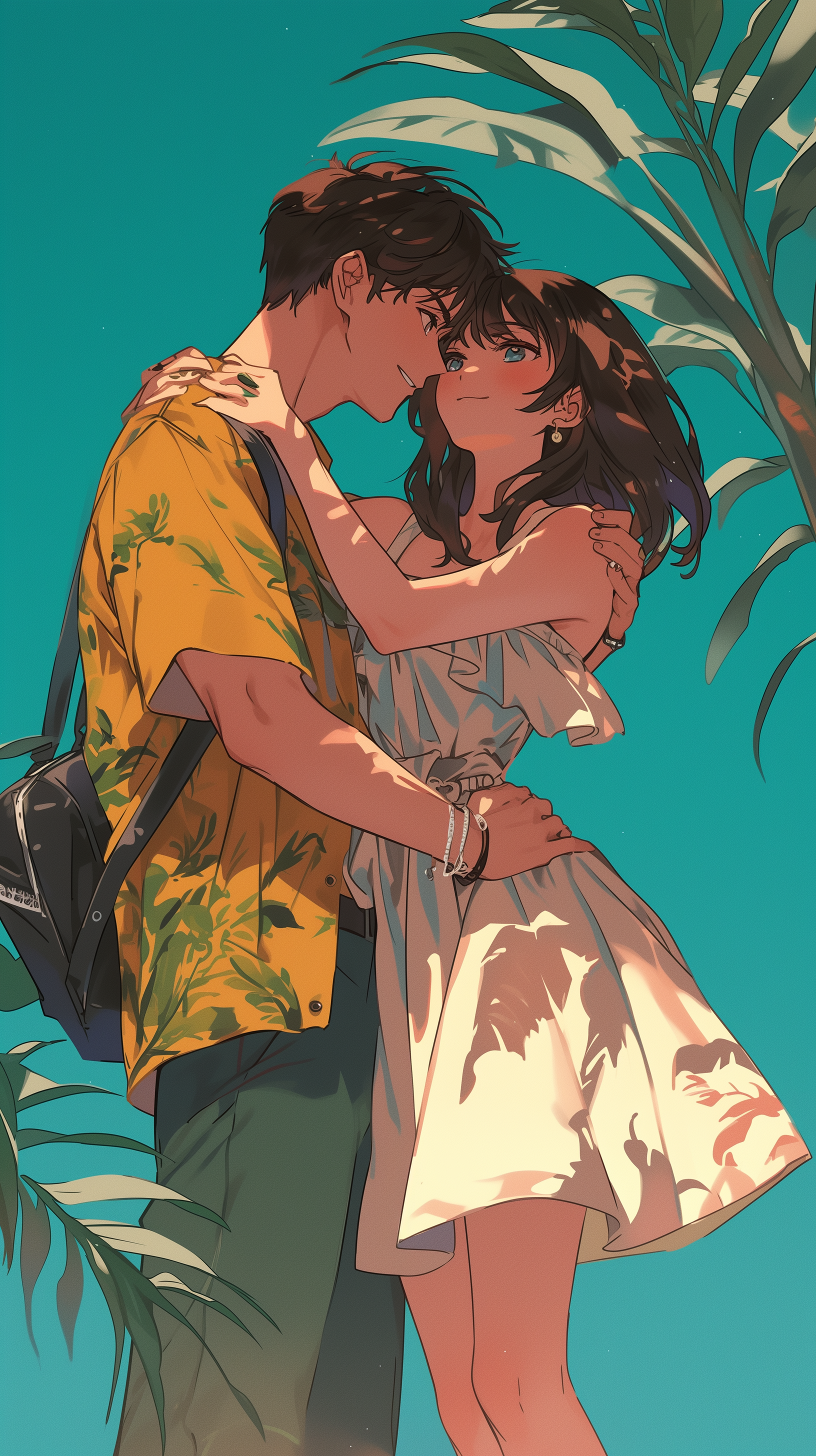 Romantic phone wallpaper featuring a couple embracing on their honeymoon, surrounded by tropical foliage.