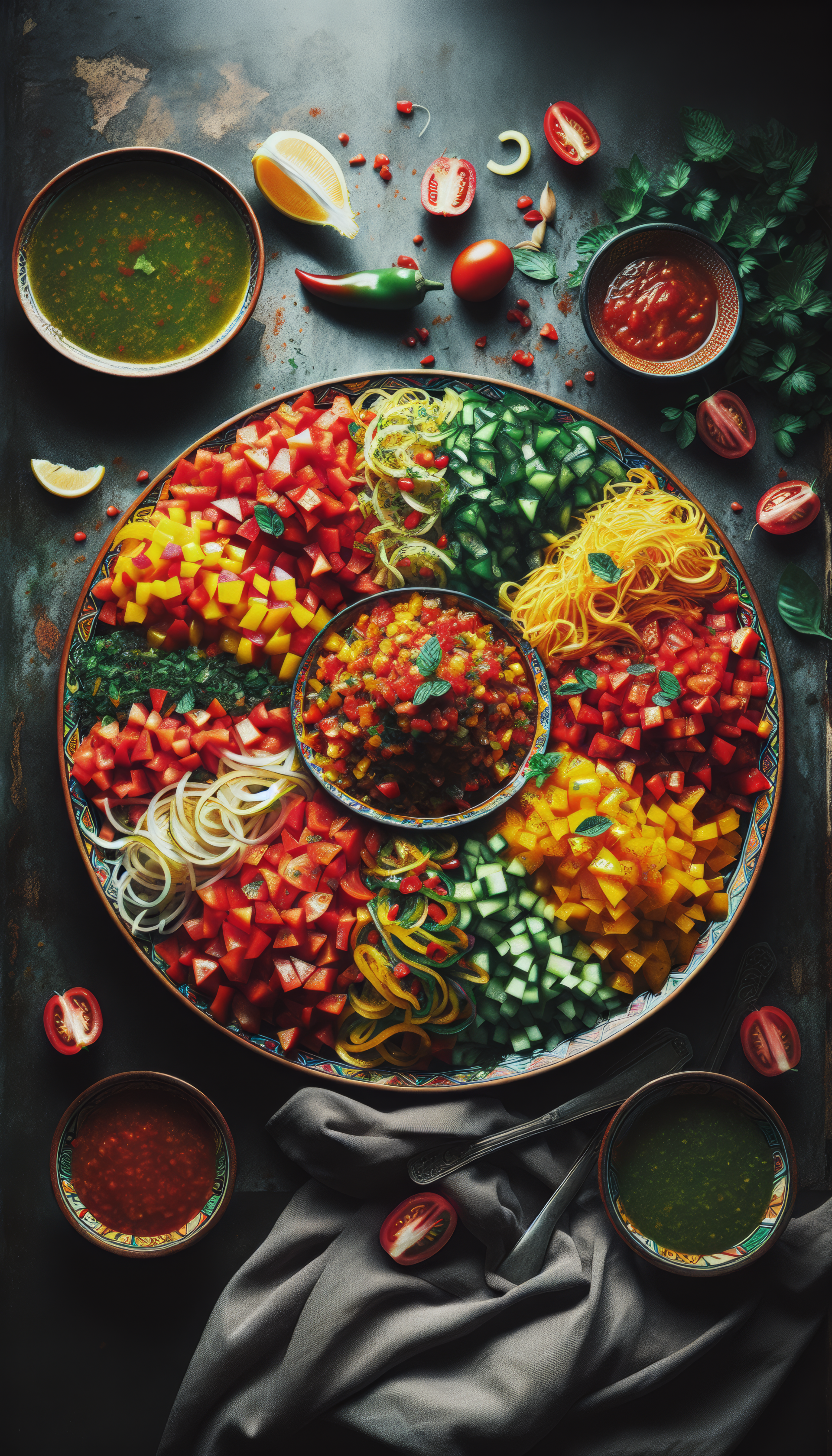 Colorful phone wallpaper featuring a vibrant display of fresh salsa ingredients and condiments, artistically arranged on a dark background.