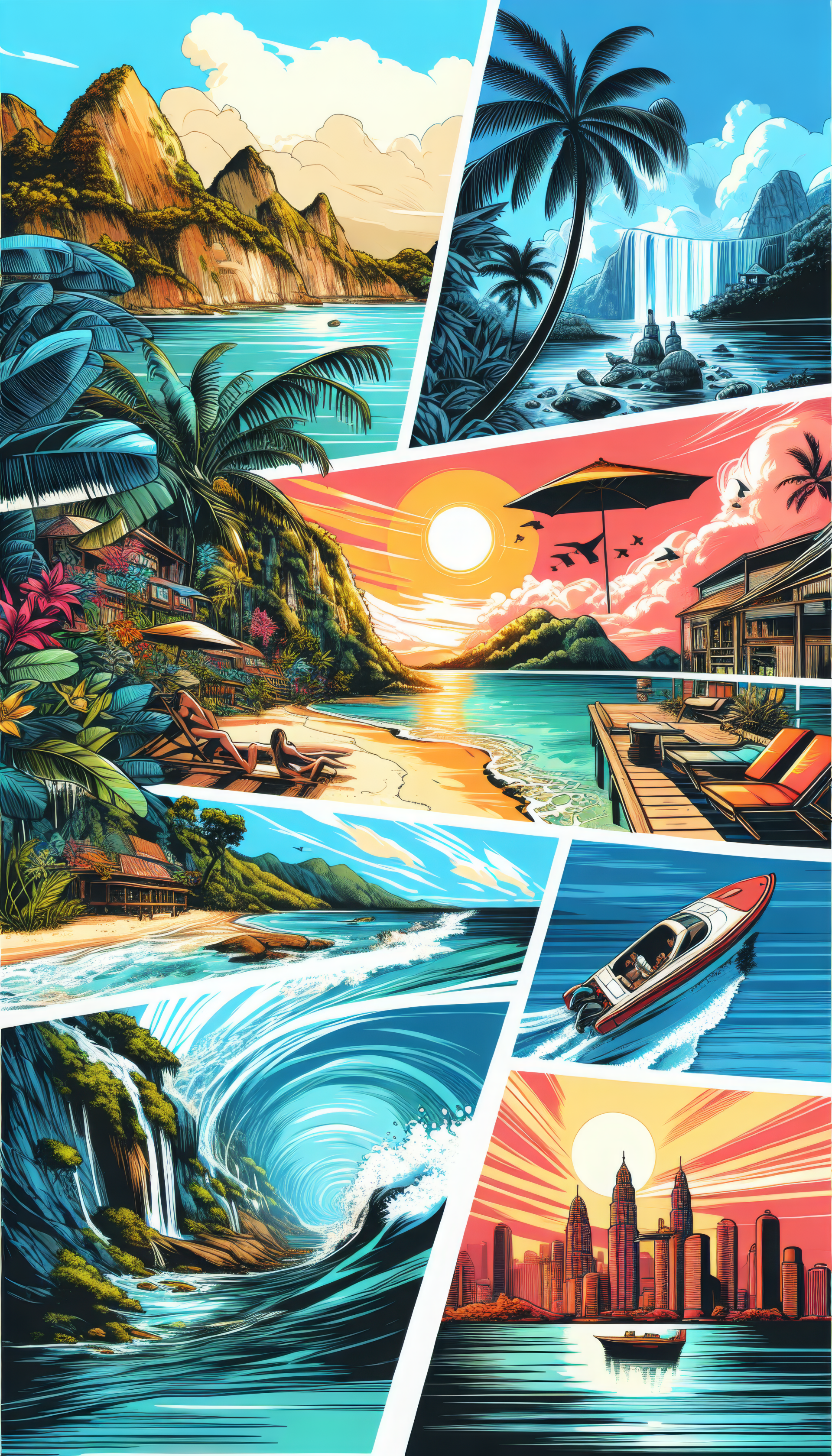 Phone wallpaper featuring a collage of dream vacation destinations: tropical beaches, sunsets, and cityscapes, illustrated in vibrant colors.