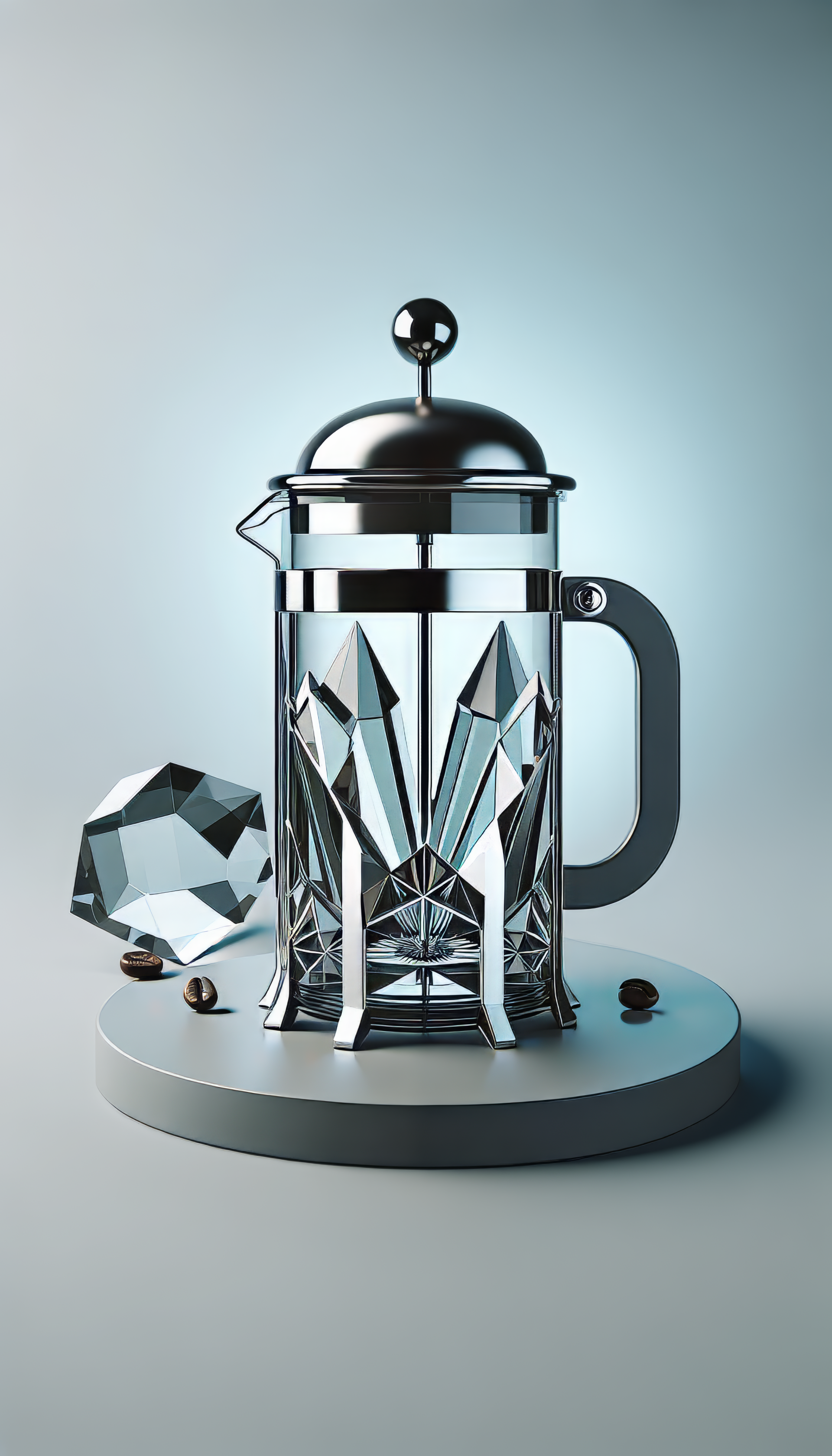 Artistic phone wallpaper featuring a stylized French press coffee maker with geometric designs and a crystal, set against a calm blue background.