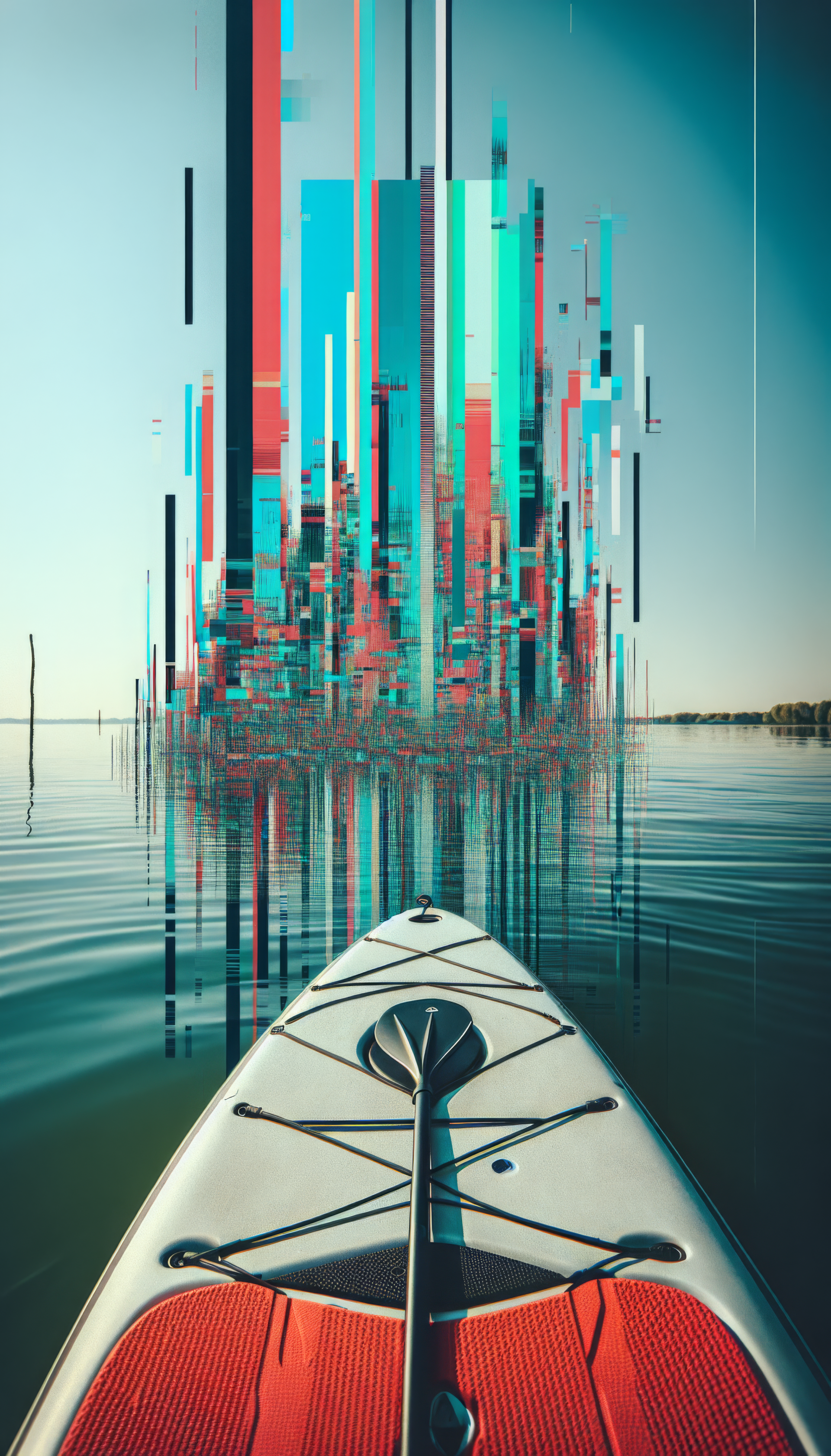Phone wallpaper featuring the front of a red paddle board on calm water with abstract, colorful vertical lines reflecting in the water above.